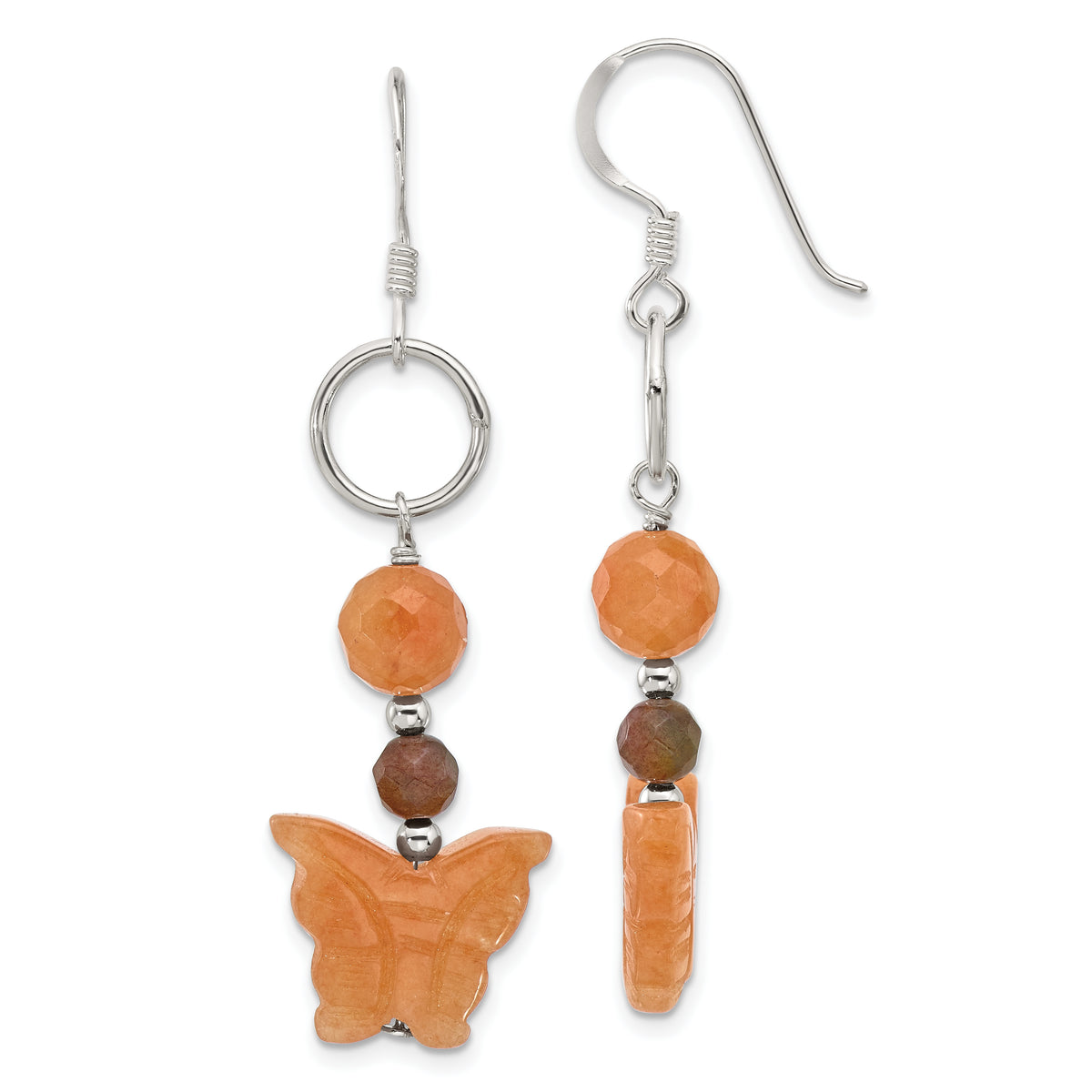 Sterling Silver Aventurine, Carnelian and Jasper Butterfly Dangle Earrings