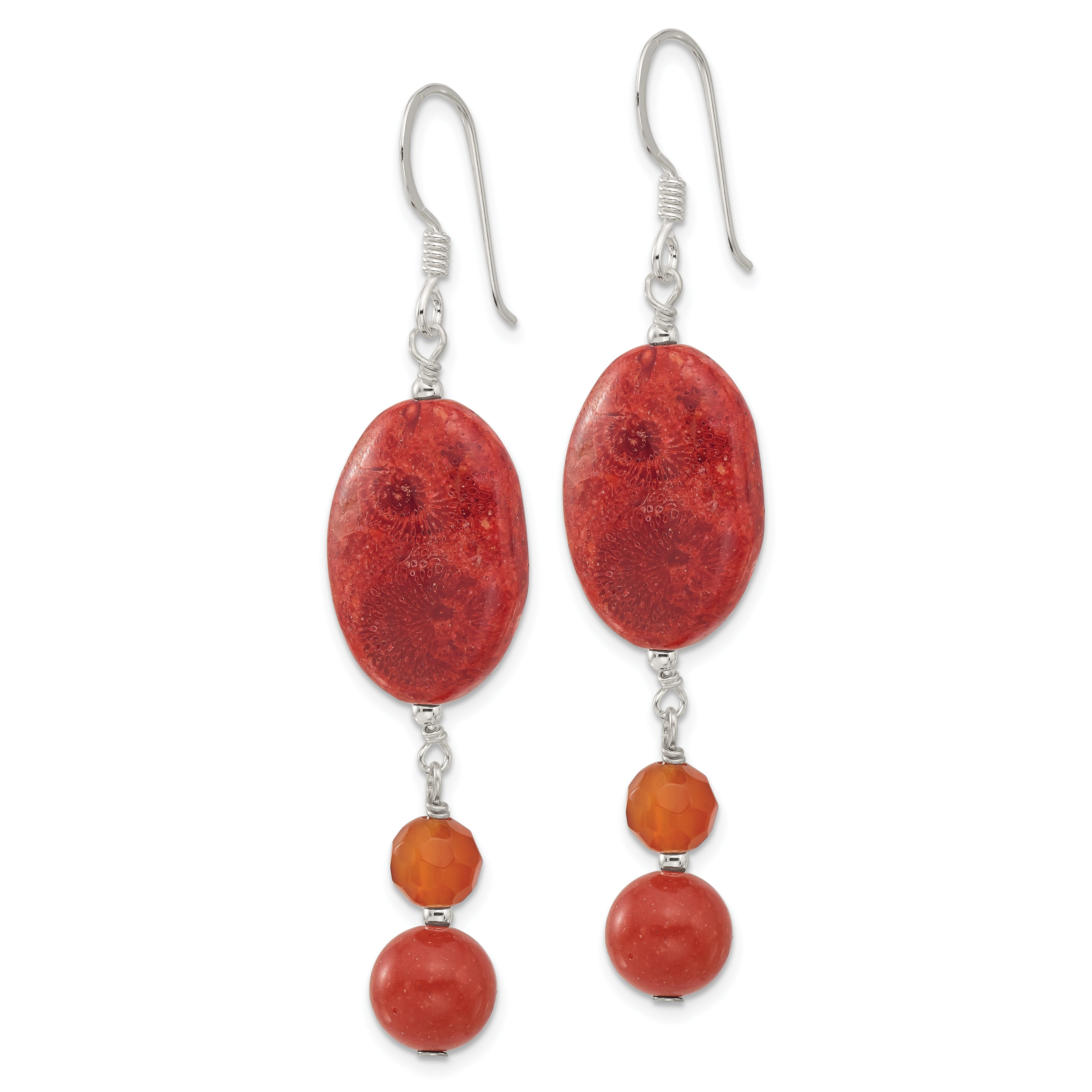 Sterling Silver Polished Carnelian and Reconstituted Coral Dangle Earrings