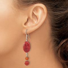 Sterling Silver Polished Carnelian and Reconstituted Coral Dangle Earrings