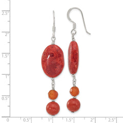 Sterling Silver Polished Carnelian and Reconstituted Coral Dangle Earrings