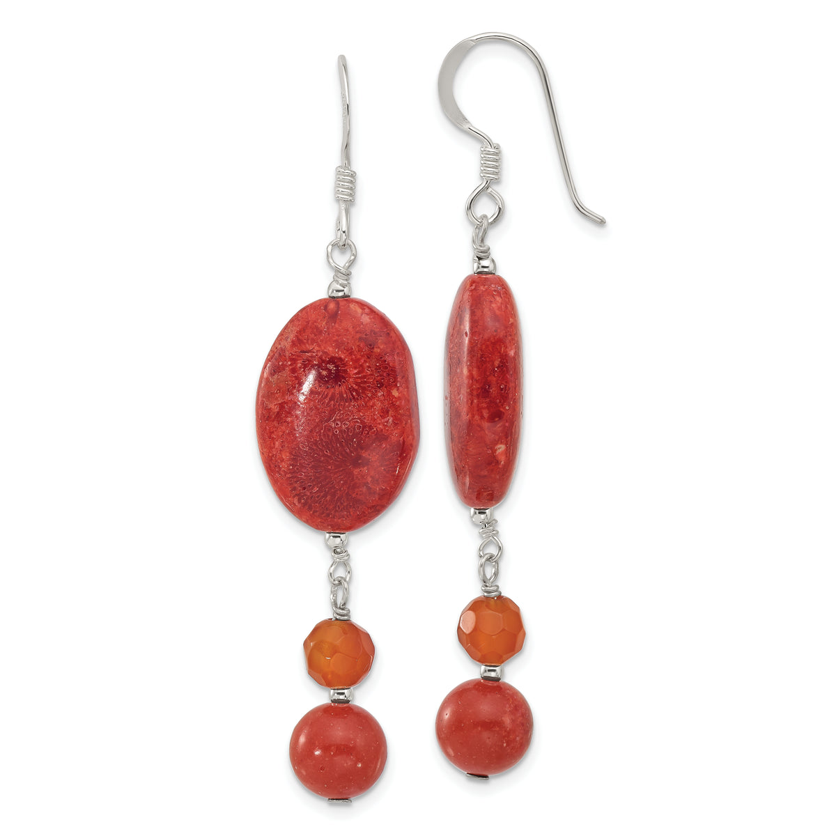 Sterling Silver Polished Carnelian and Reconstituted Coral Dangle Earrings