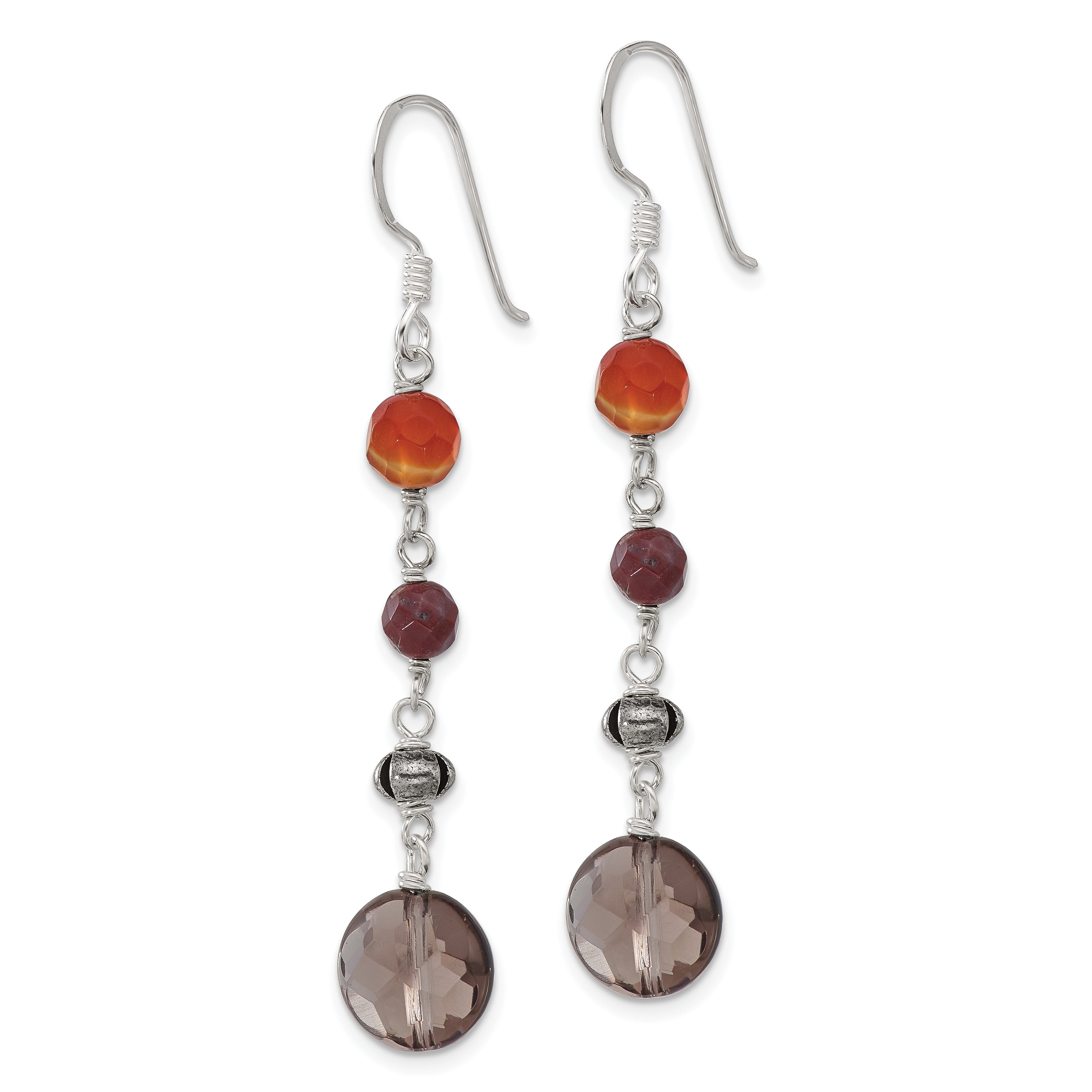 Sterling Silver Antiqued Carnelian, Jasper, Smoky Quartz Dangle Earrings