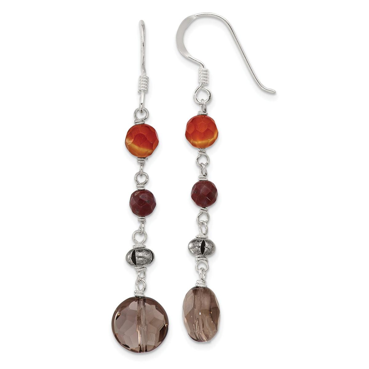 Sterling Silver Antiqued Carnelian, Jasper, Smoky Quartz Dangle Earrings