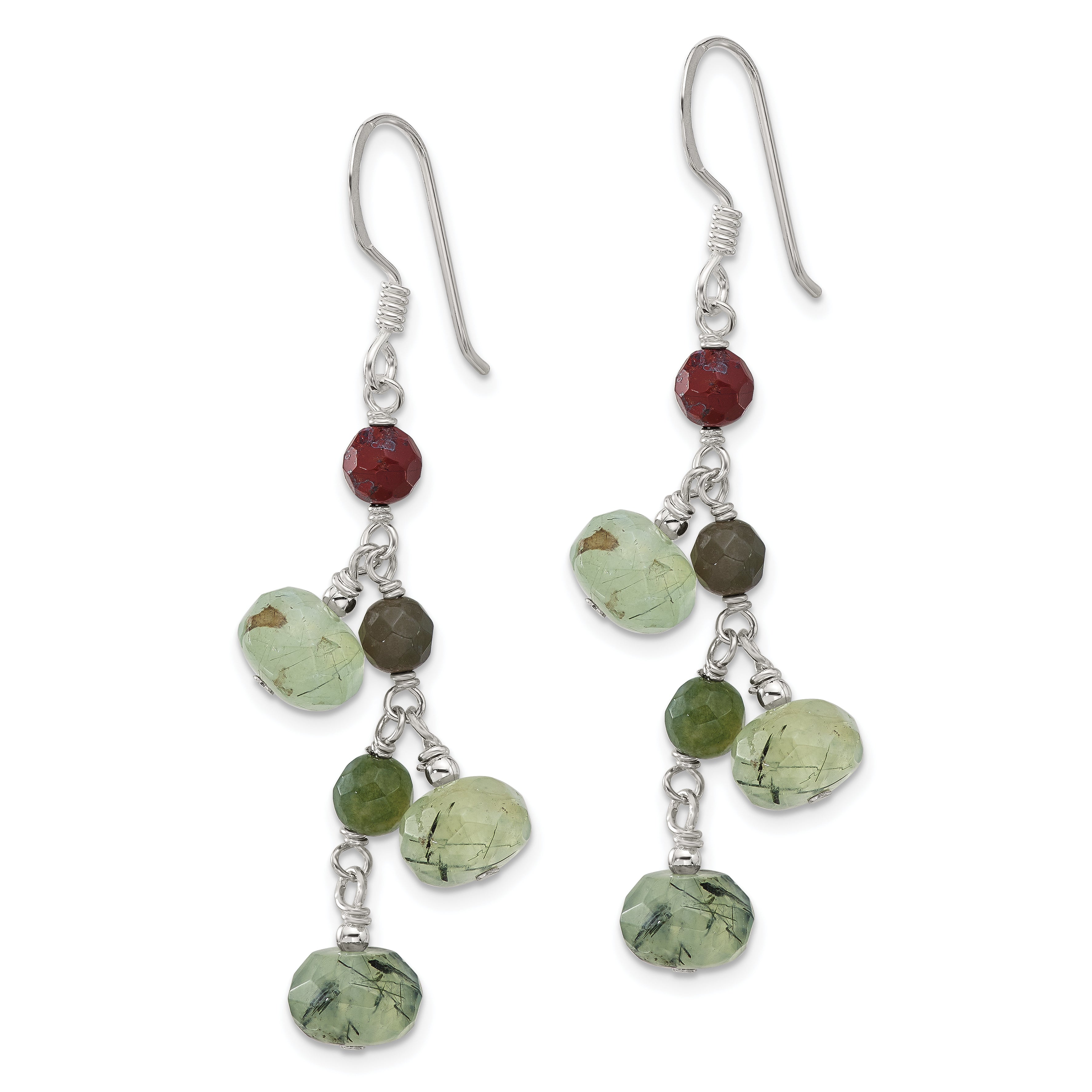 Sterling Silver Polished Faceted Jasper and Prehnite Beads Dangle Earrings