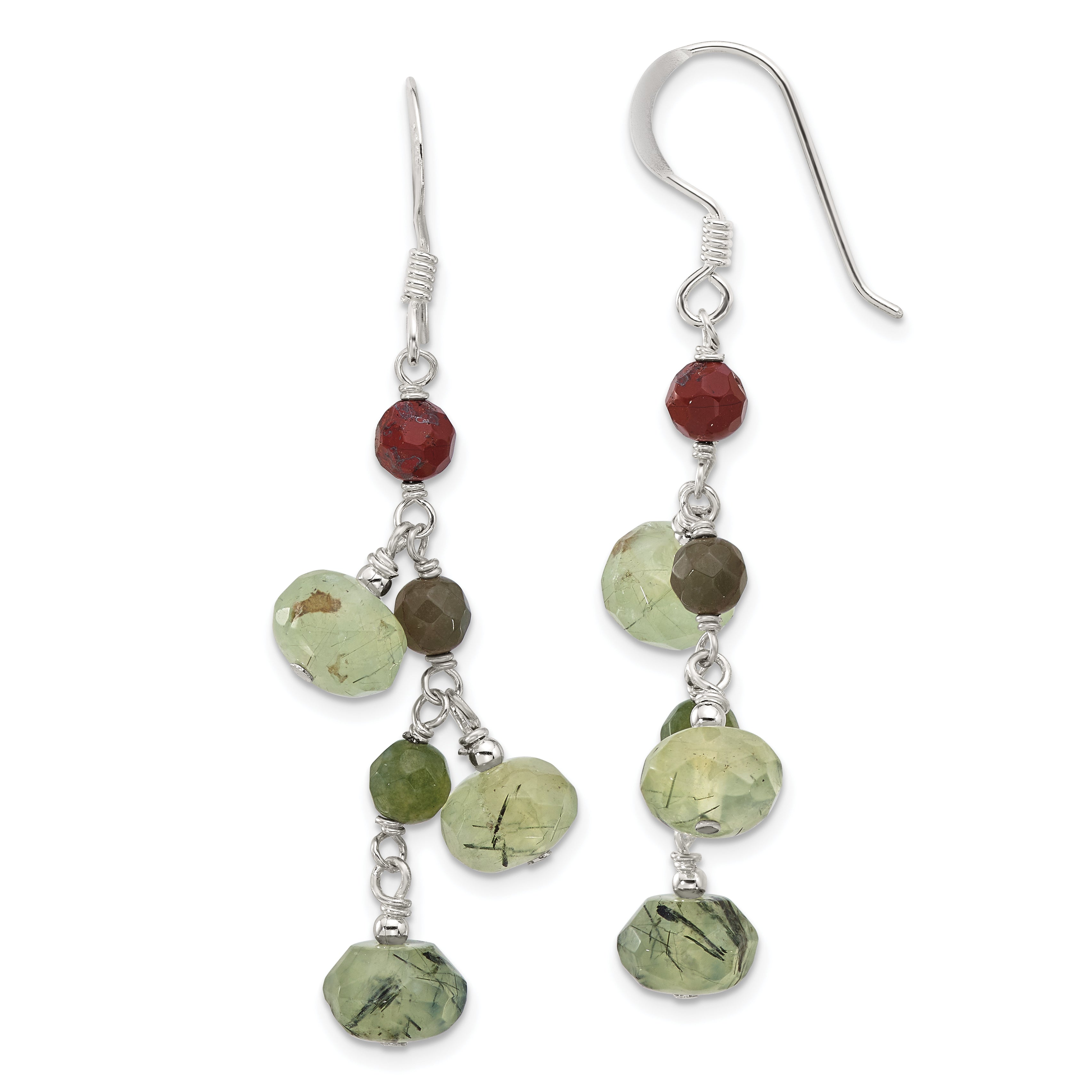 Sterling Silver Polished Faceted Jasper and Prehnite Beads Dangle Earrings