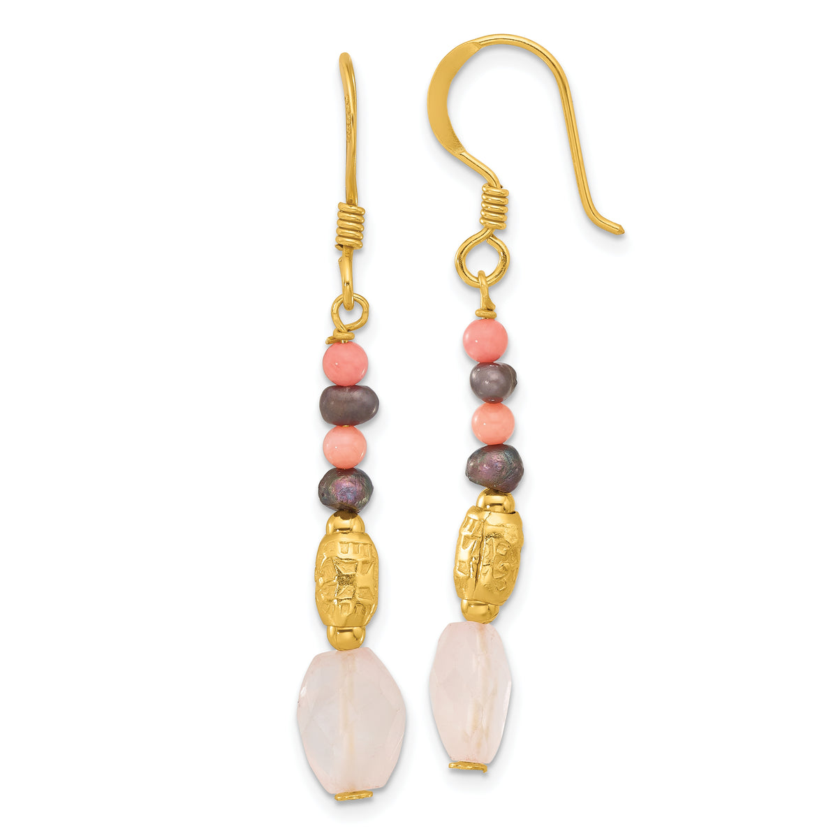 Sterling Silver Gold-plated Black FWC Pearl/Coral/Quartz Dangle Earrings