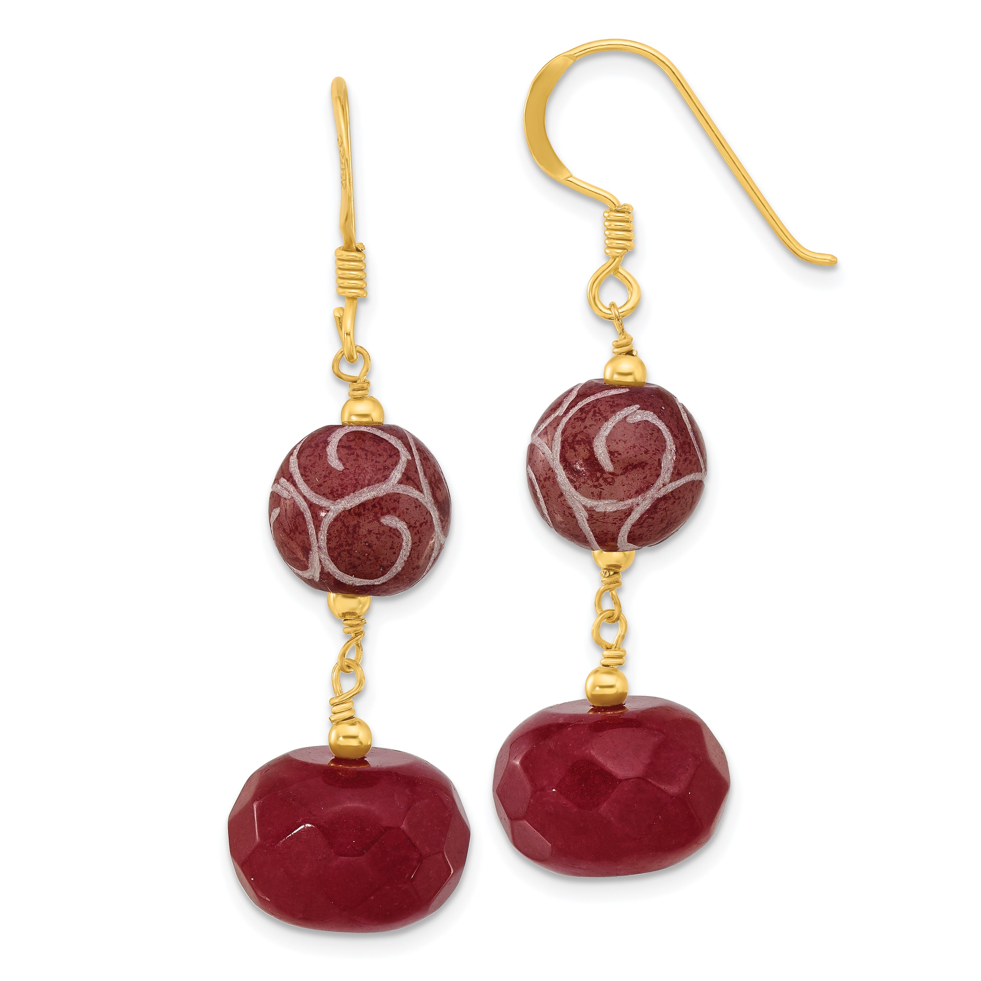 Sterling Silver Gold-plated Polished Red Jade/Quartz Swirl Dangle Earrings