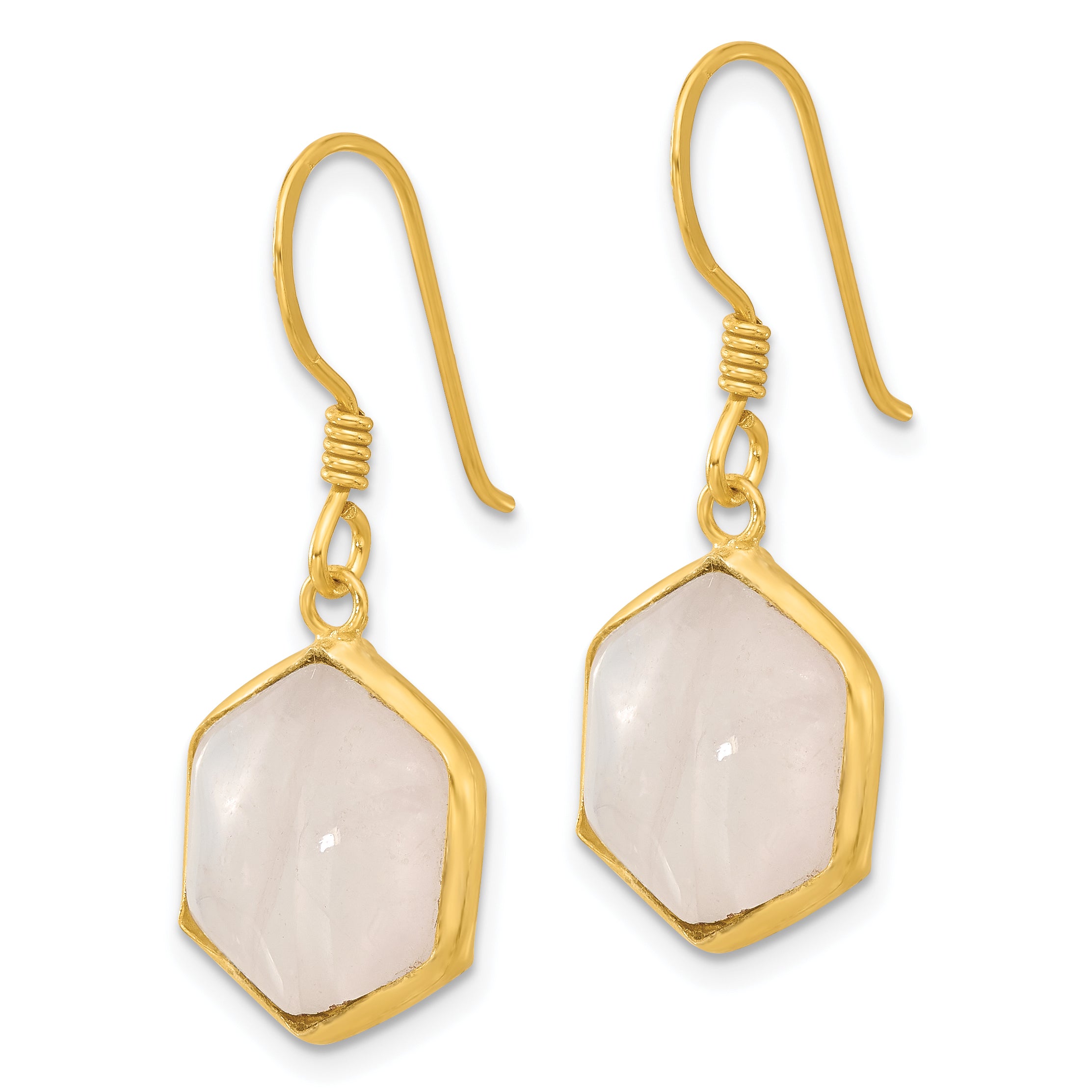 Sterling Silver Gold-plated Polished Hexagon Rose Quartz Dangle Earrings