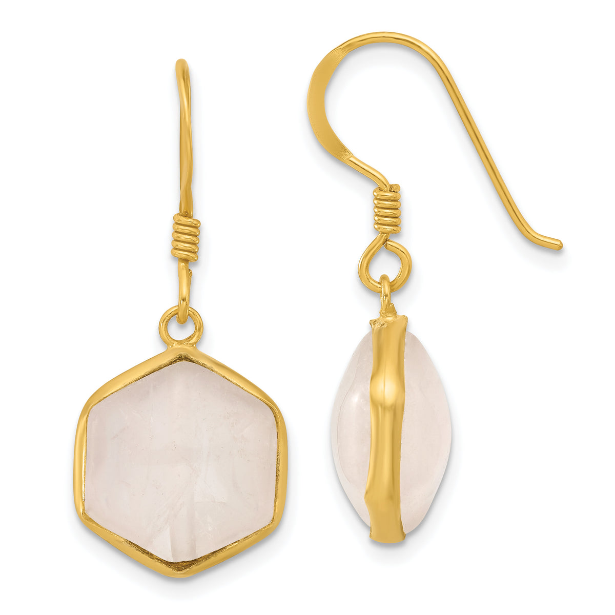 Sterling Silver Gold-plated Polished Hexagon Rose Quartz Dangle Earrings