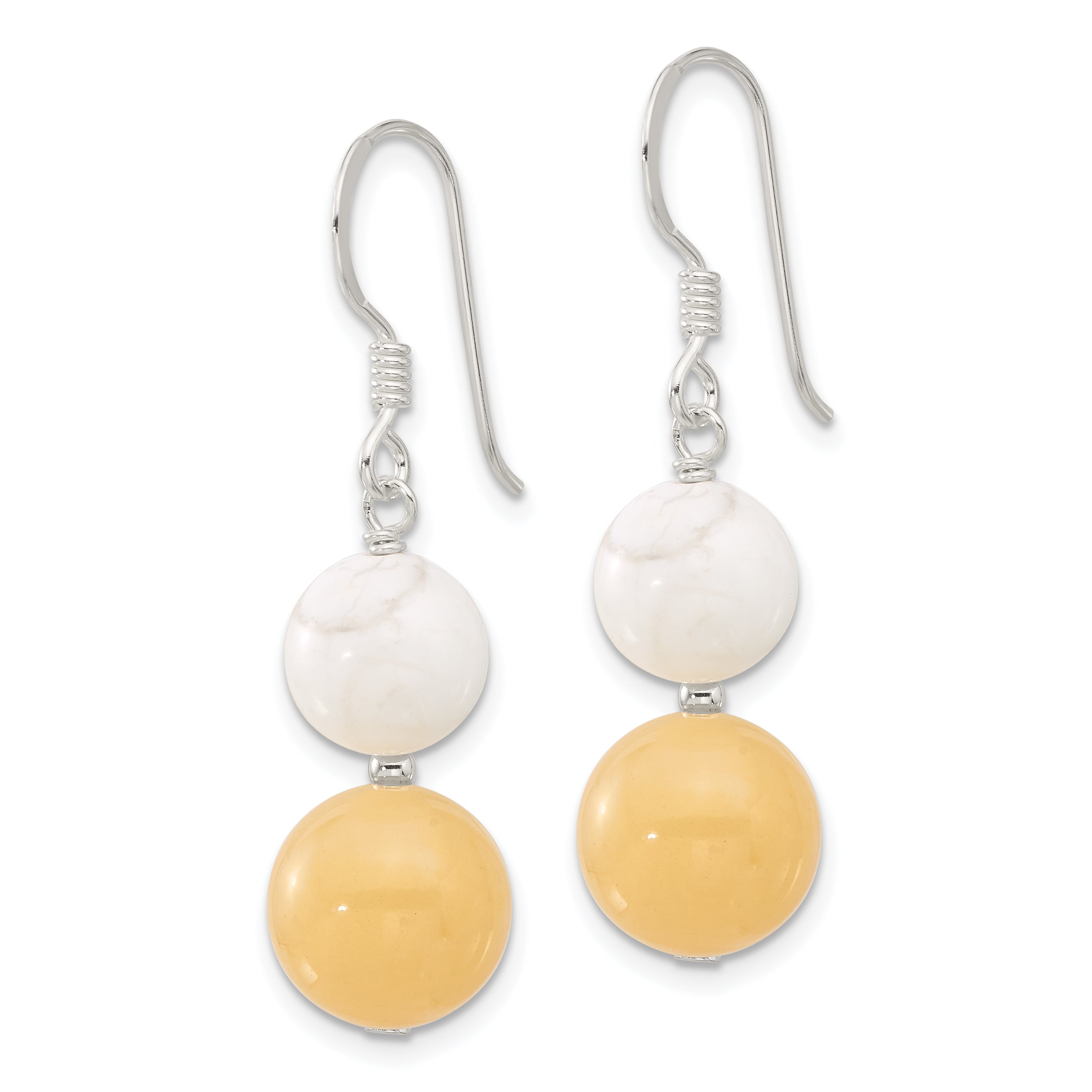 Sterling Silver Polished White Howlite and Yellow Jade Dangle Earrings