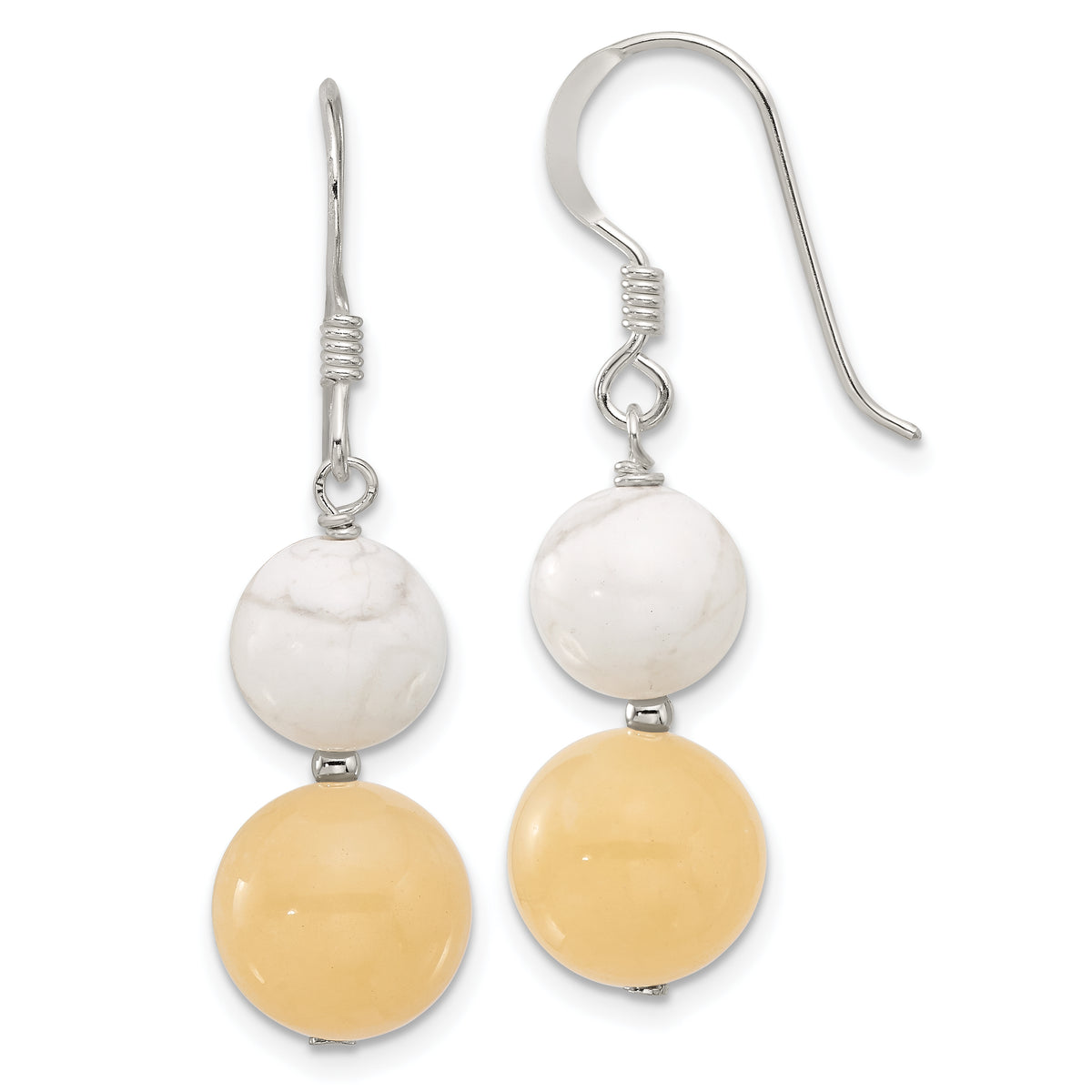 Sterling Silver Polished White Howlite and Yellow Jade Dangle Earrings