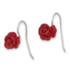 Sterling Silver Polished Red Coral Rose Dangle Earrings