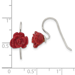 Sterling Silver Polished Red Coral Rose Dangle Earrings