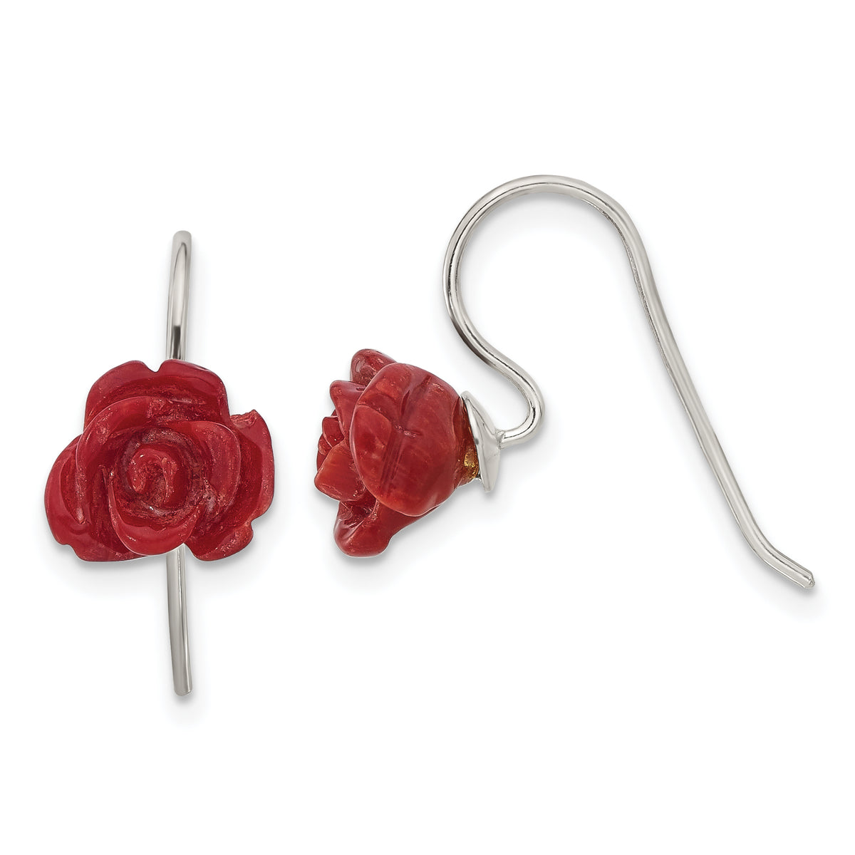 Sterling Silver Polished Red Coral Rose Dangle Earrings