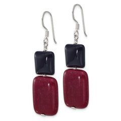 Sterling Silver Polished Black Agate and Red Jade Dangle Earrings