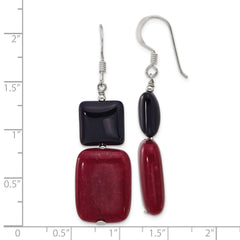 Sterling Silver Polished Black Agate and Red Jade Dangle Earrings