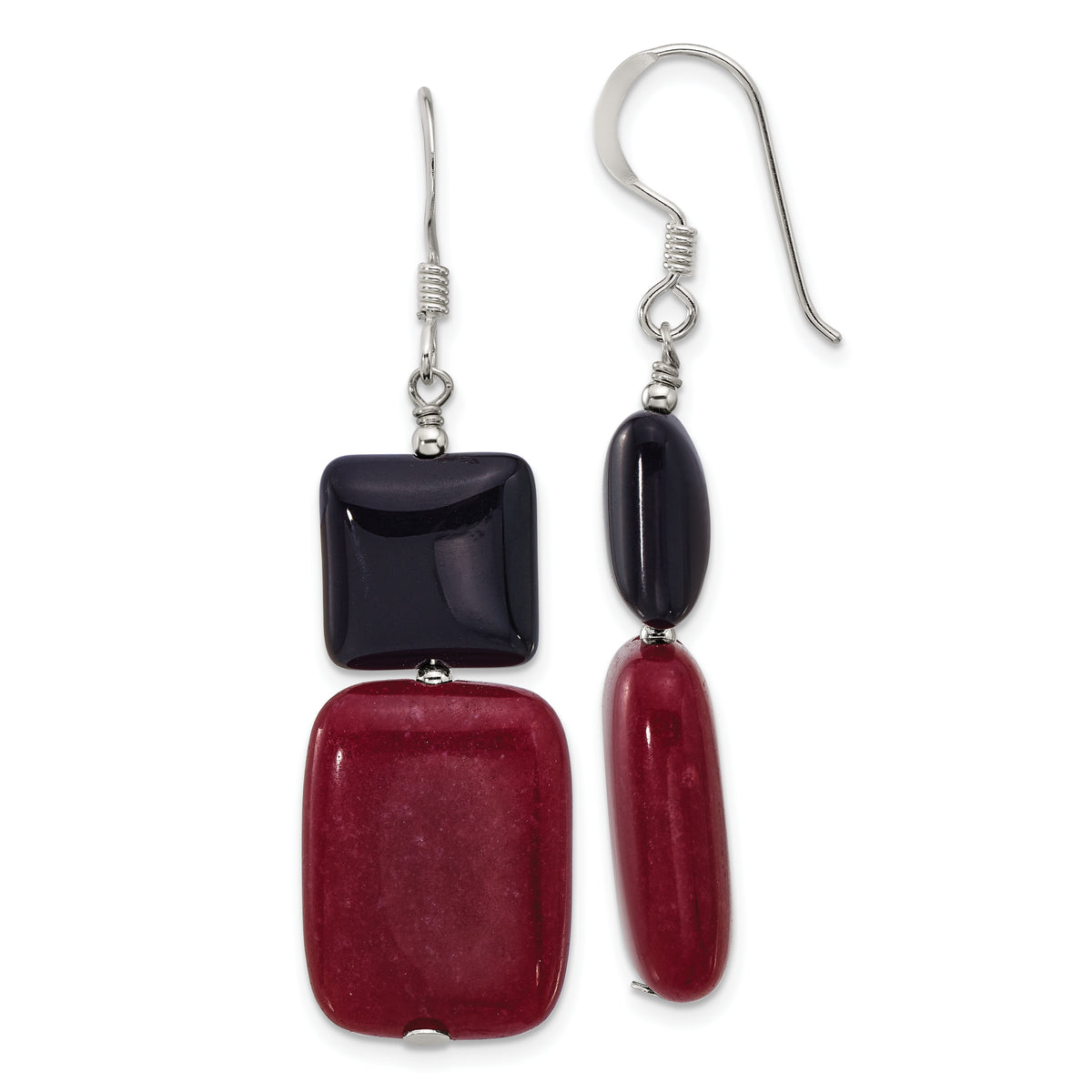 Sterling Silver Polished Black Agate and Red Jade Dangle Earrings