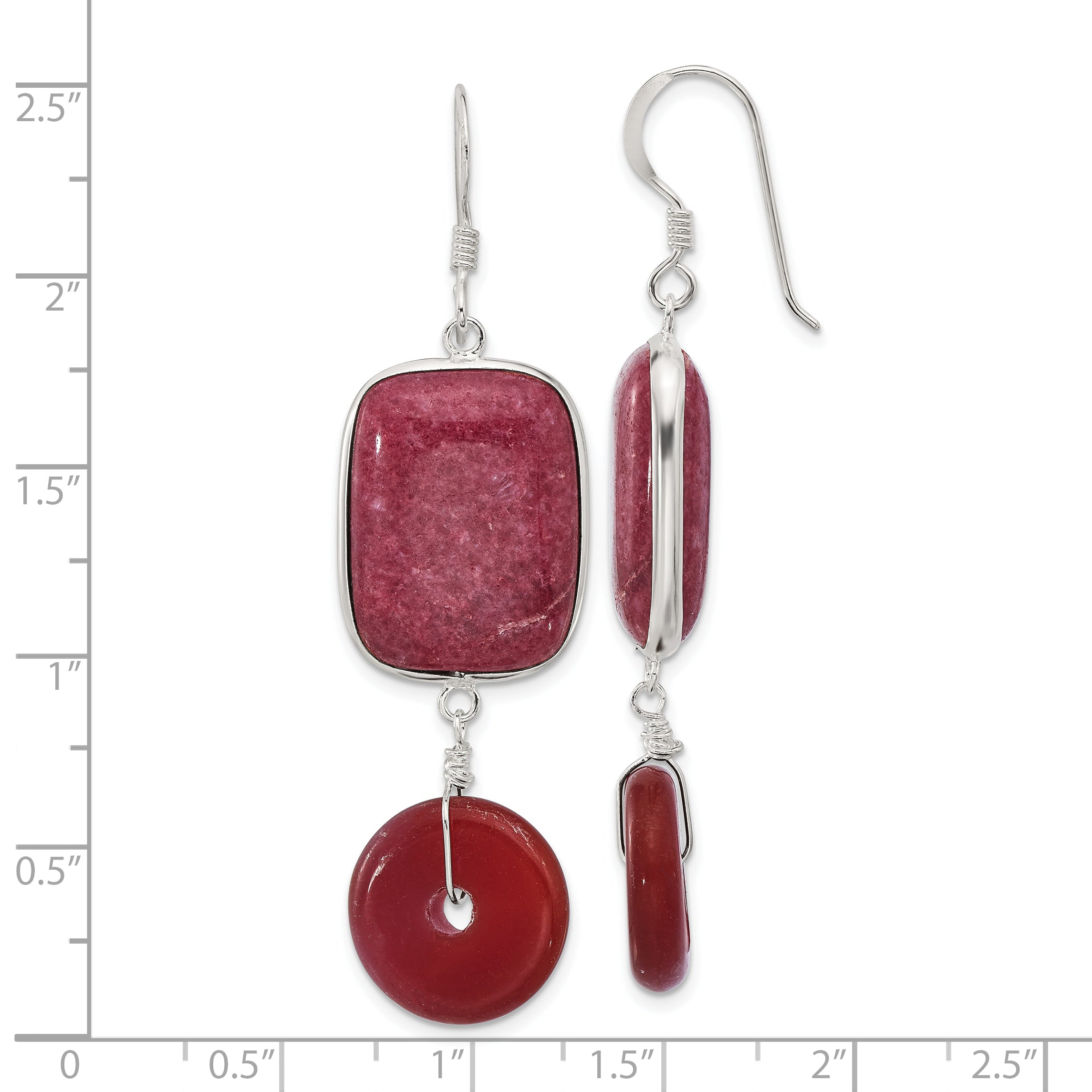 Sterling Silver Polished Carnelian and Red Jade Dangle Earrings