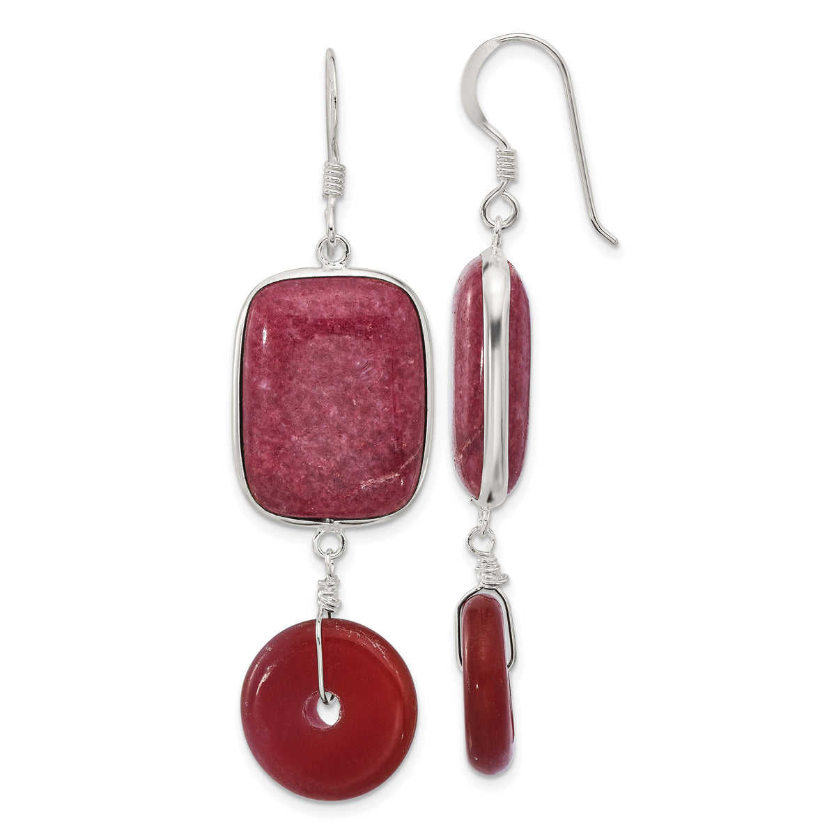 Sterling Silver Polished Carnelian and Red Jade Dangle Earrings