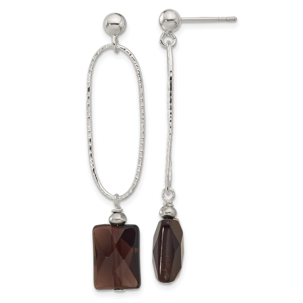 Sterling Silver Polished and Textured Smoky Quartz Post Dangle Earrings