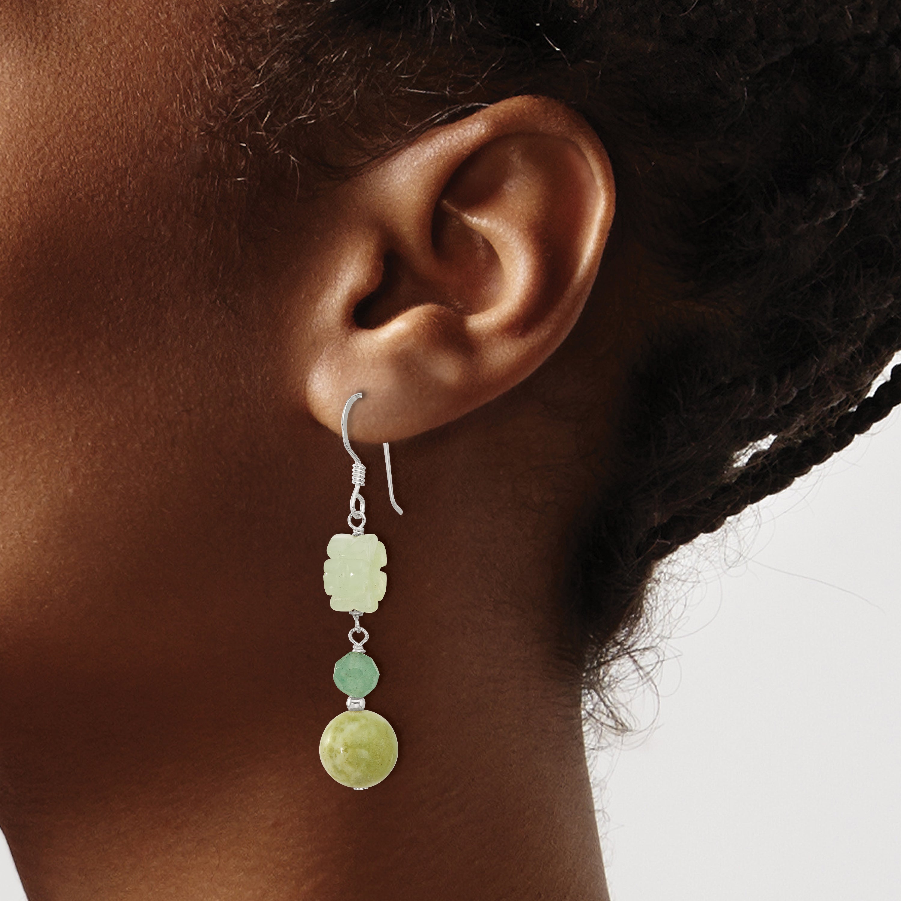 Sterling Silver Polished Aventurine & Jade Flower Dangle Earrings