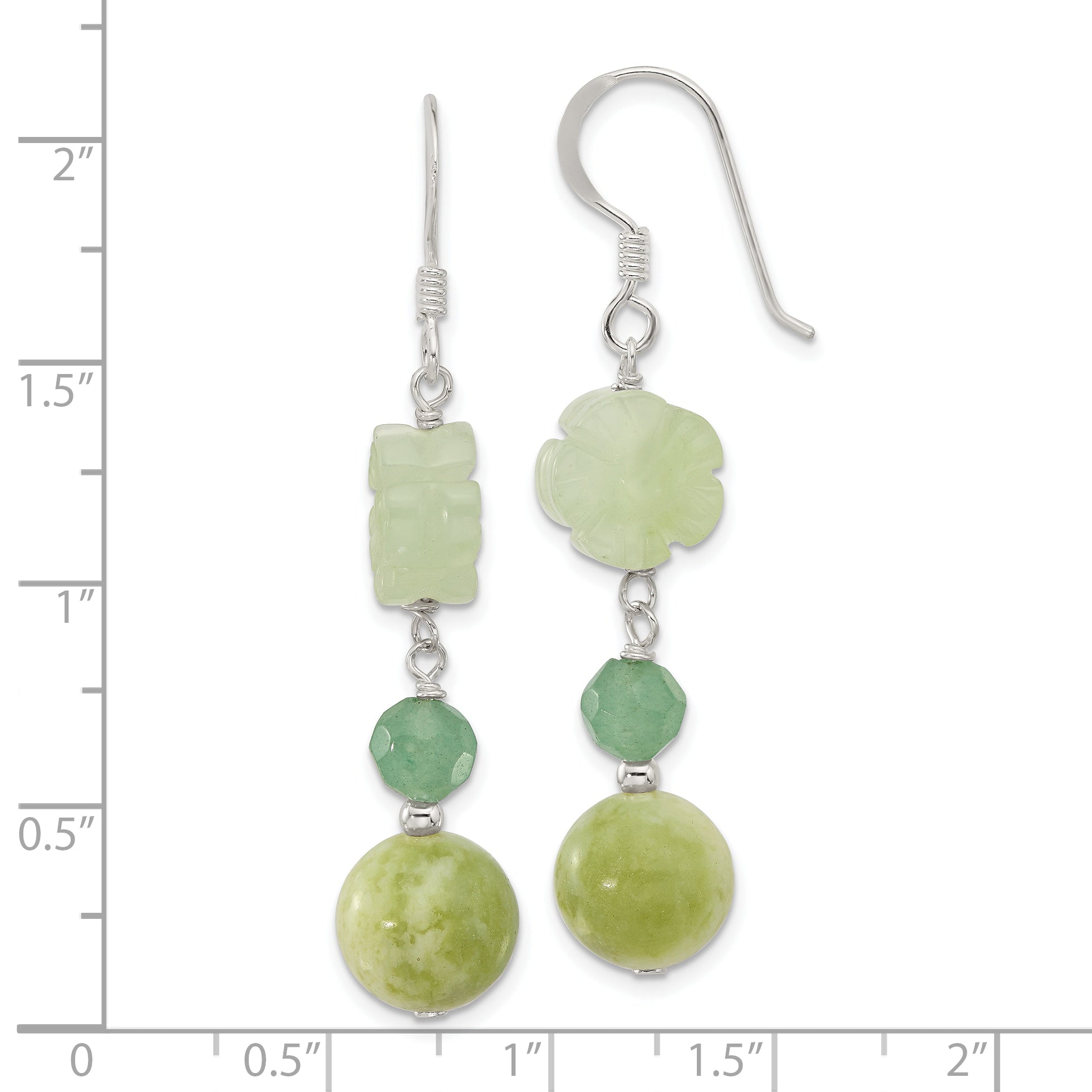 Sterling Silver Polished Aventurine & Jade Flower Dangle Earrings