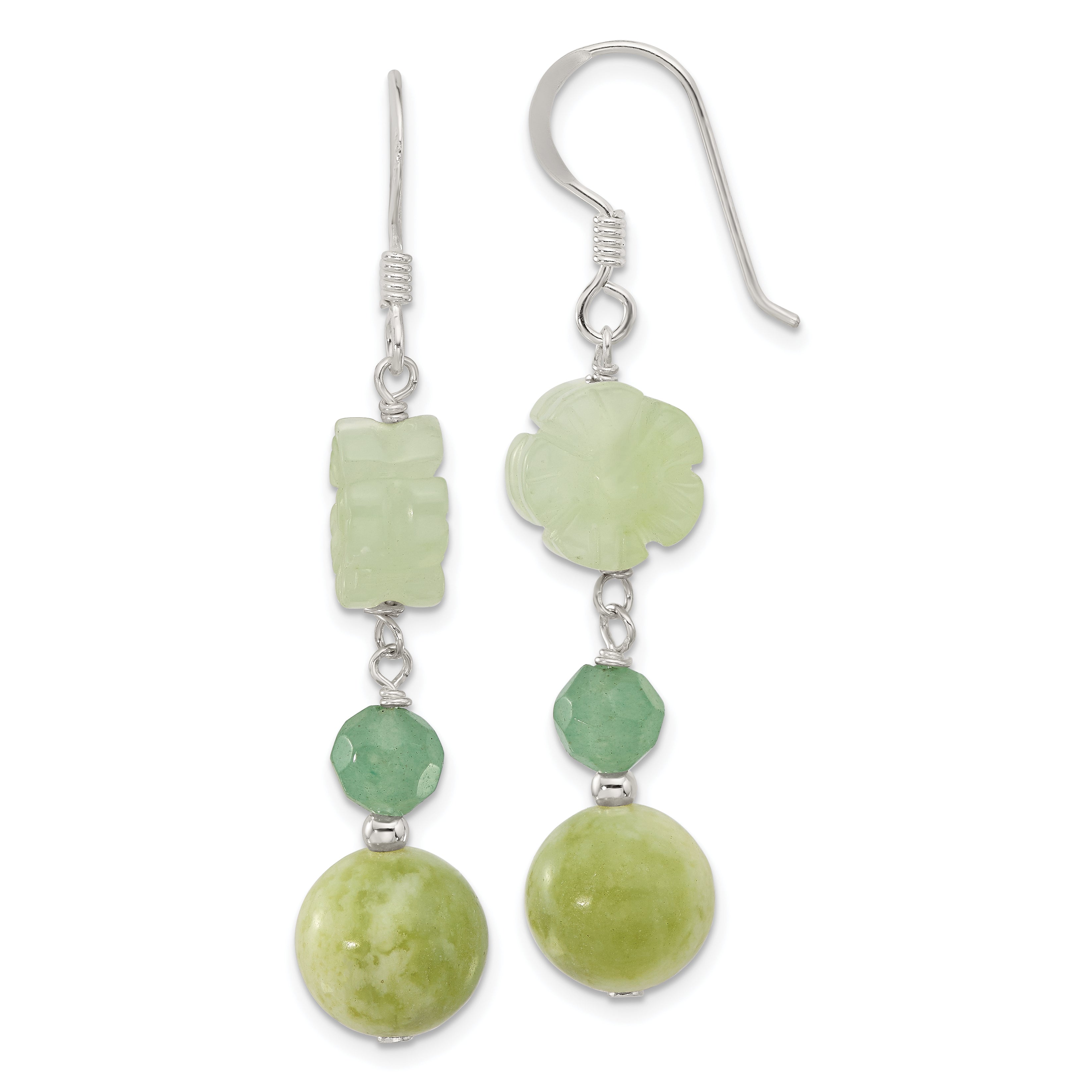 Sterling Silver Polished Aventurine & Jade Flower Dangle Earrings