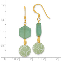 Sterling Silver Gold-pltd Hexagon Aventurine & Swirl Jade Dangle Earrings