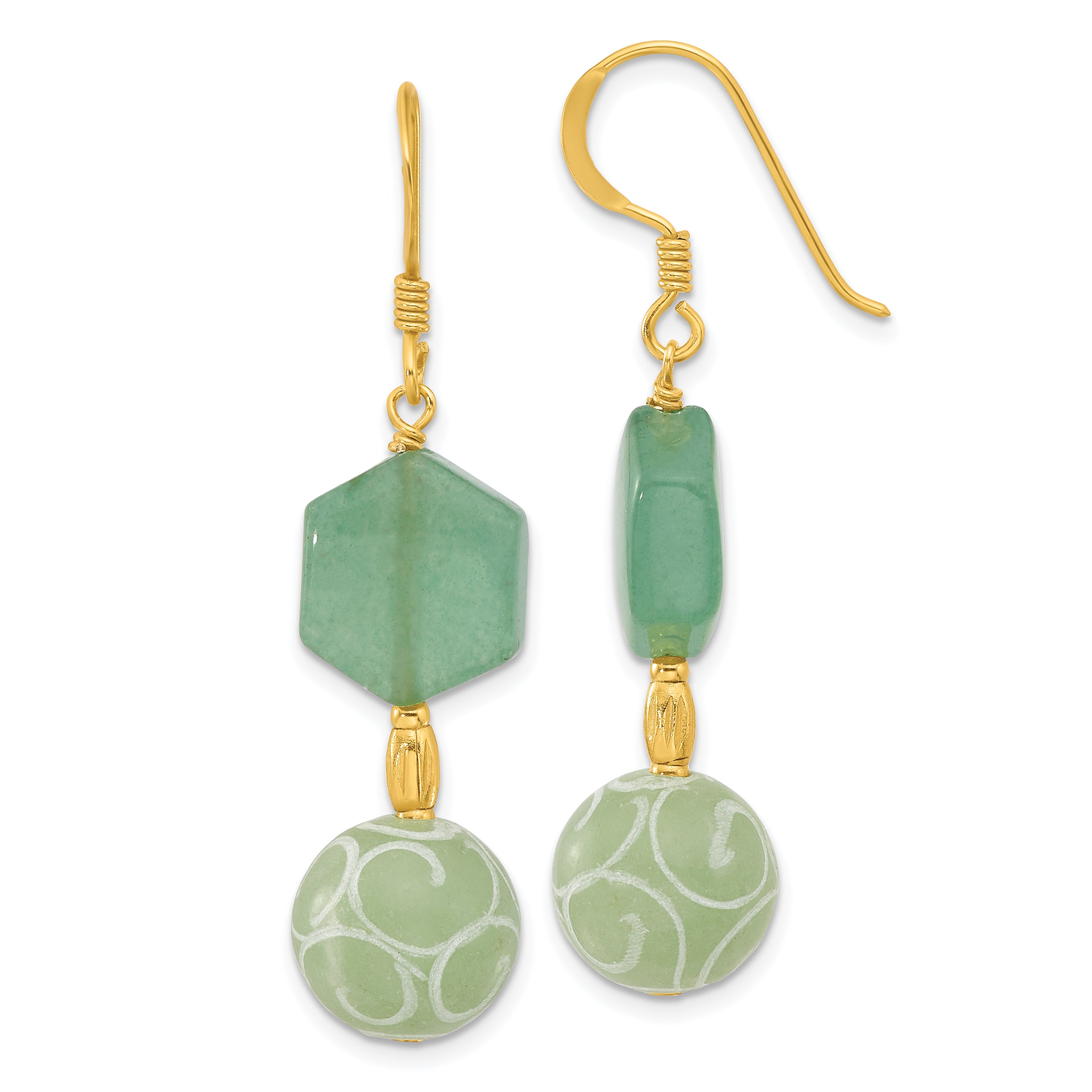 Sterling Silver Gold-pltd Hexagon Aventurine & Swirl Jade Dangle Earrings