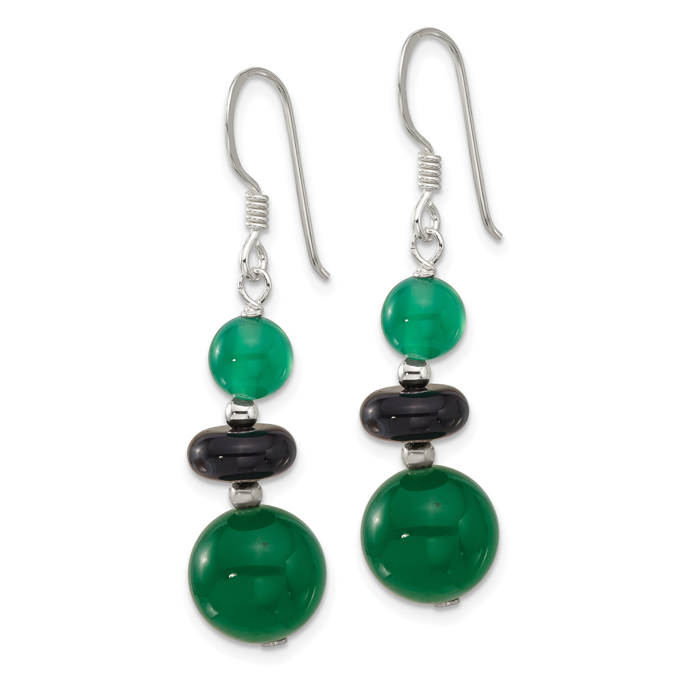 Sterling Silver Polished Black Agate & Green Quartz Beads Dangle Earrings