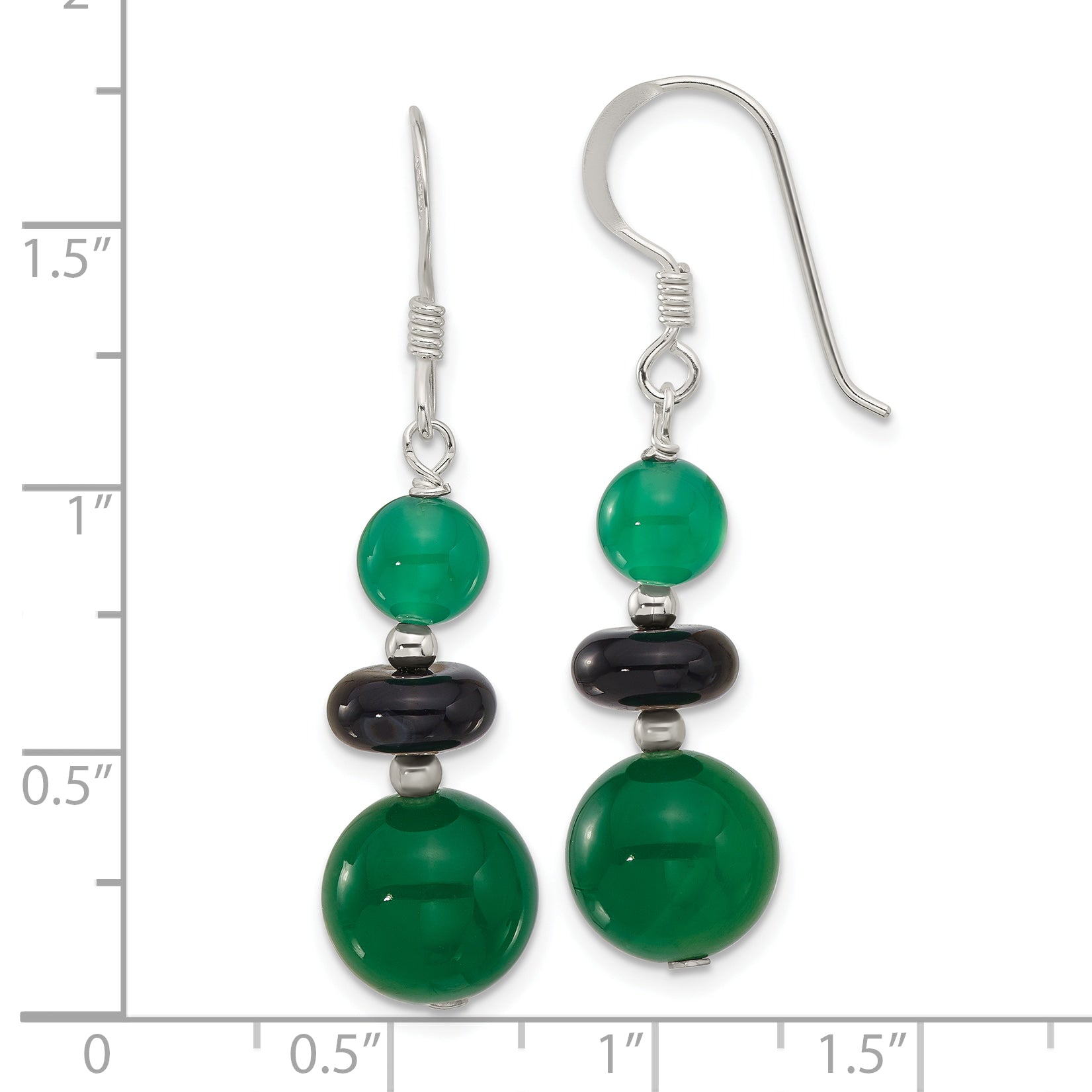 Sterling Silver Polished Black Agate & Green Quartz Beads Dangle Earrings