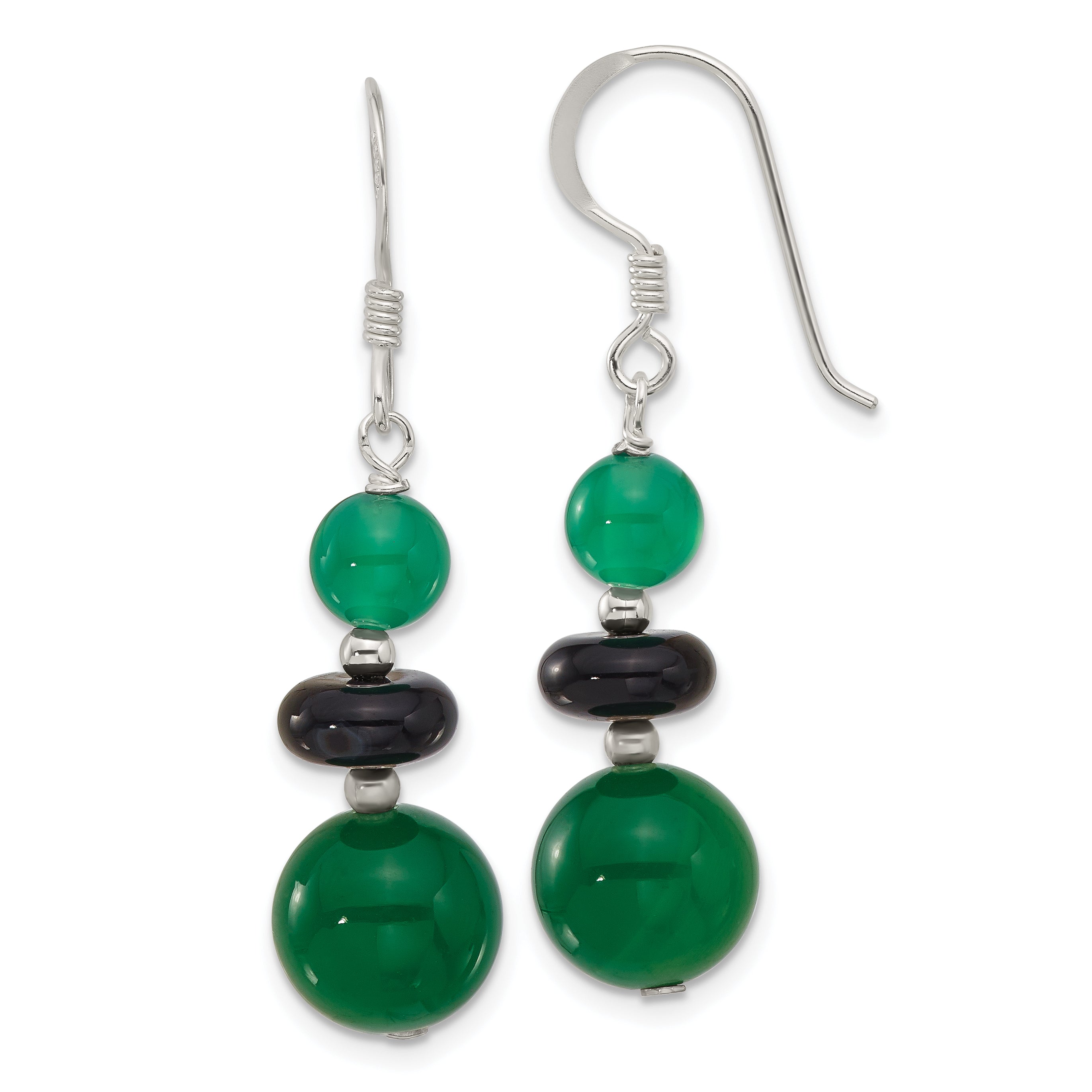 Sterling Silver Polished Black Agate & Green Quartz Beads Dangle Earrings