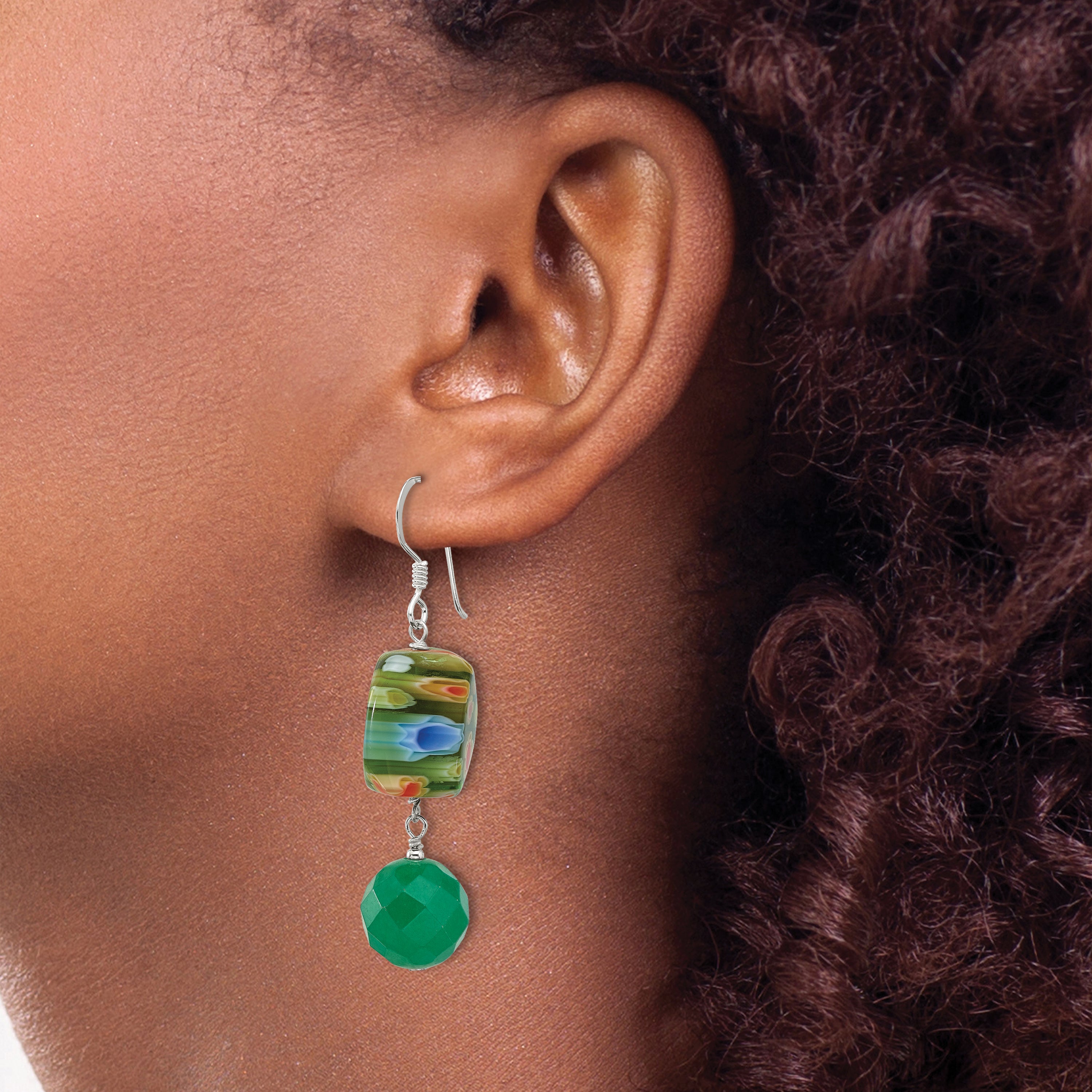 Sterling Silver Polished Aventurine & Kangsai Glass Bead Dangle Earrings