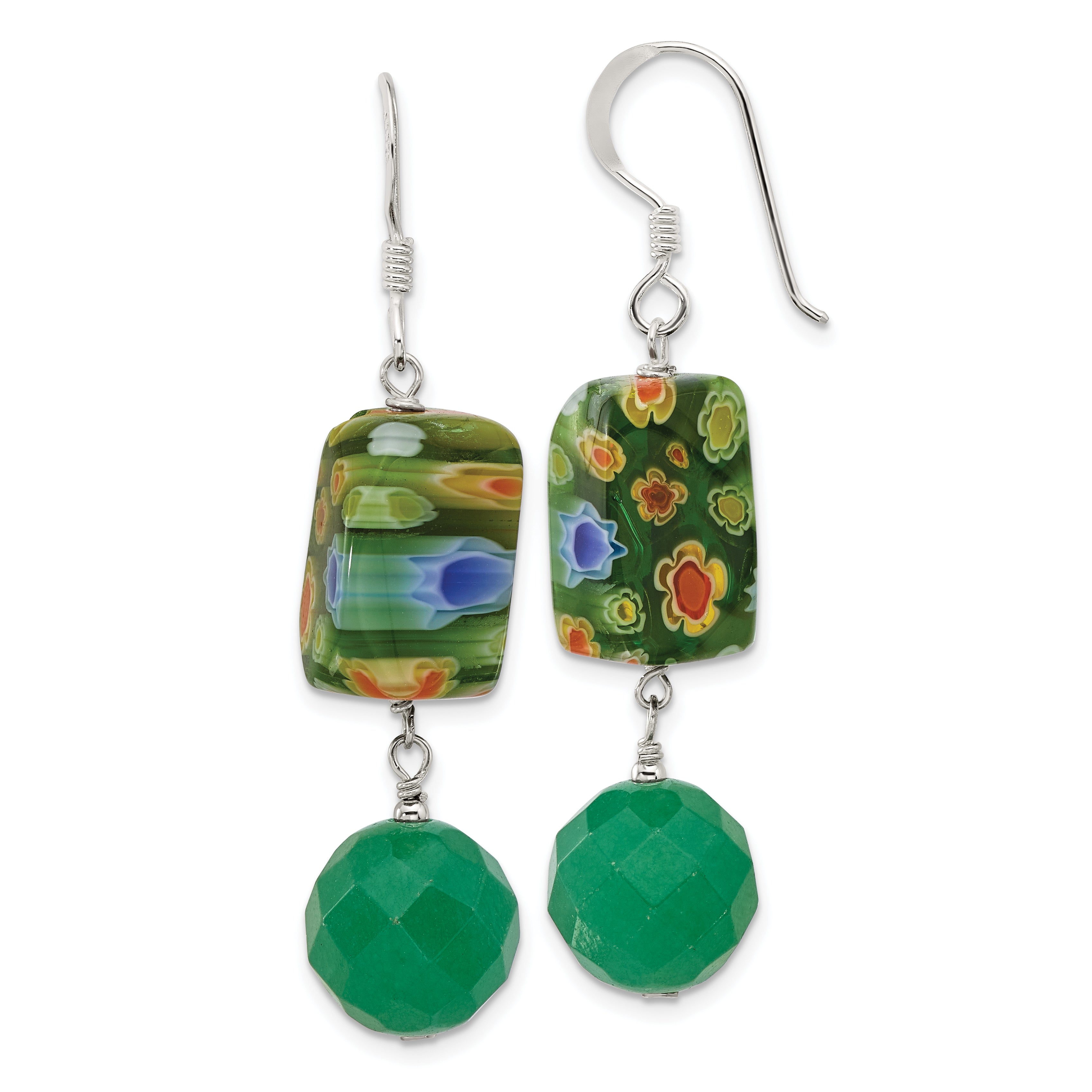 Sterling Silver Polished Aventurine & Kangsai Glass Bead Dangle Earrings