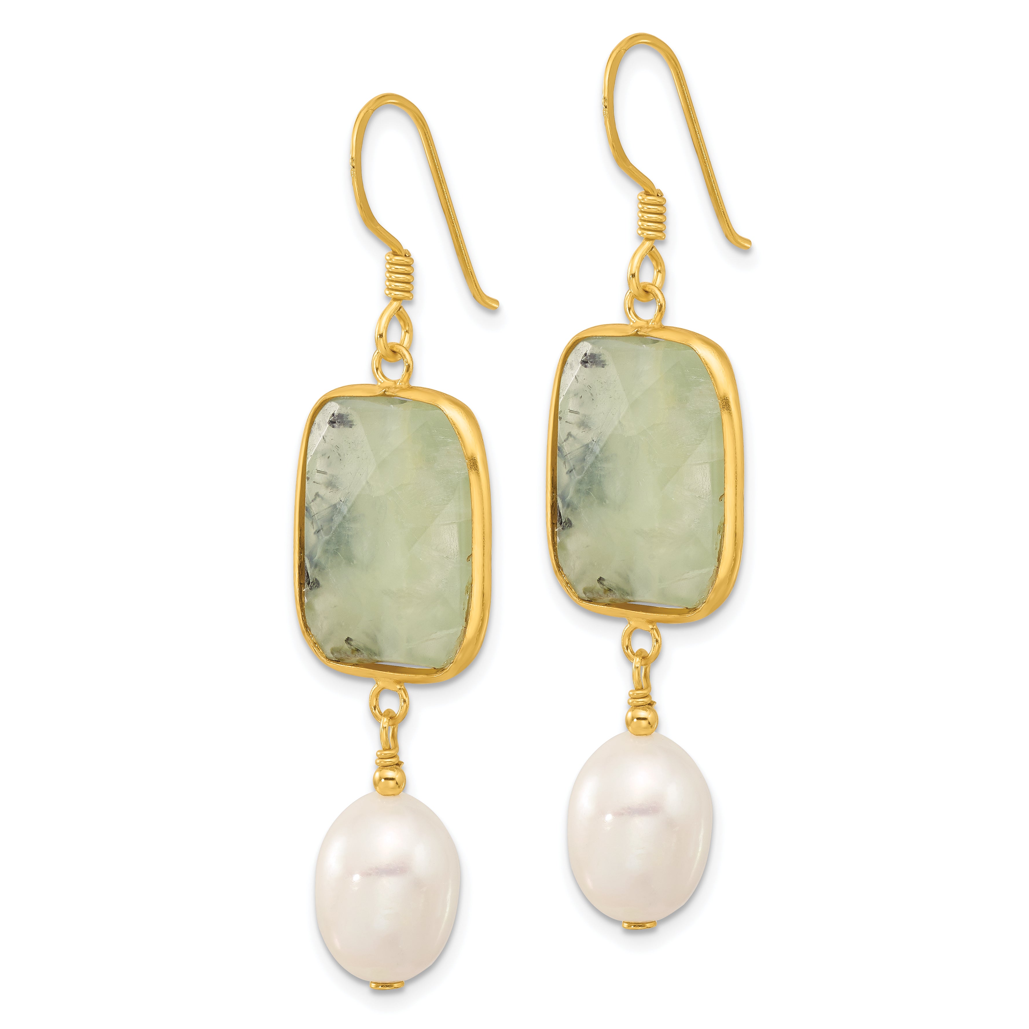 Sterling Silver Gold-plated Polished FWC Pearl & Prehnite Dangle Earrings