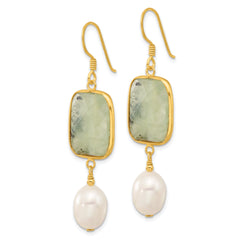 Sterling Silver Gold-plated Polished FWC Pearl & Prehnite Dangle Earrings