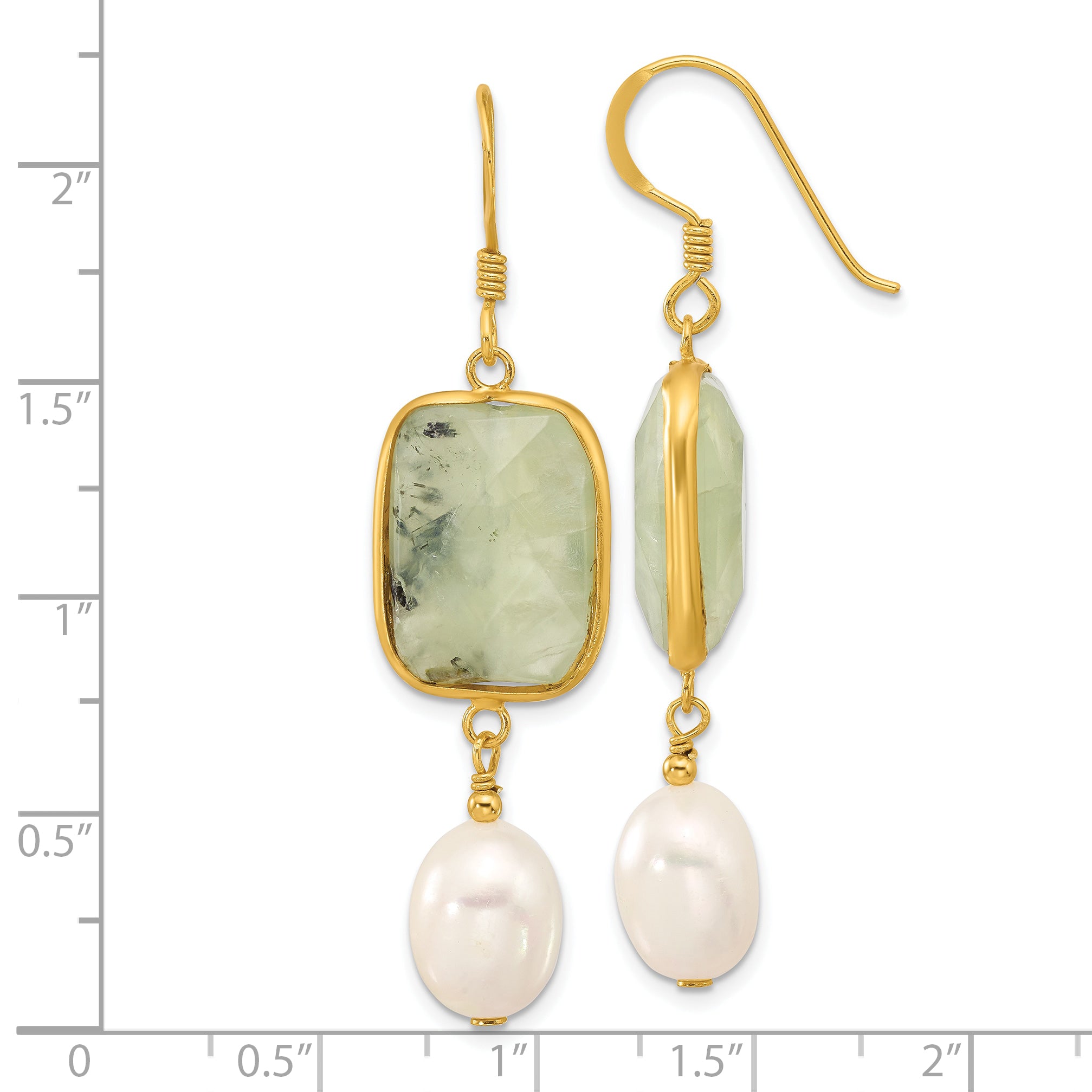 Sterling Silver Gold-plated Polished FWC Pearl & Prehnite Dangle Earrings