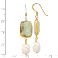 Sterling Silver Gold-plated Polished FWC Pearl & Prehnite Dangle Earrings