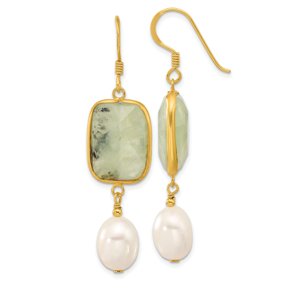 Sterling Silver Gold-plated Polished FWC Pearl & Prehnite Dangle Earrings