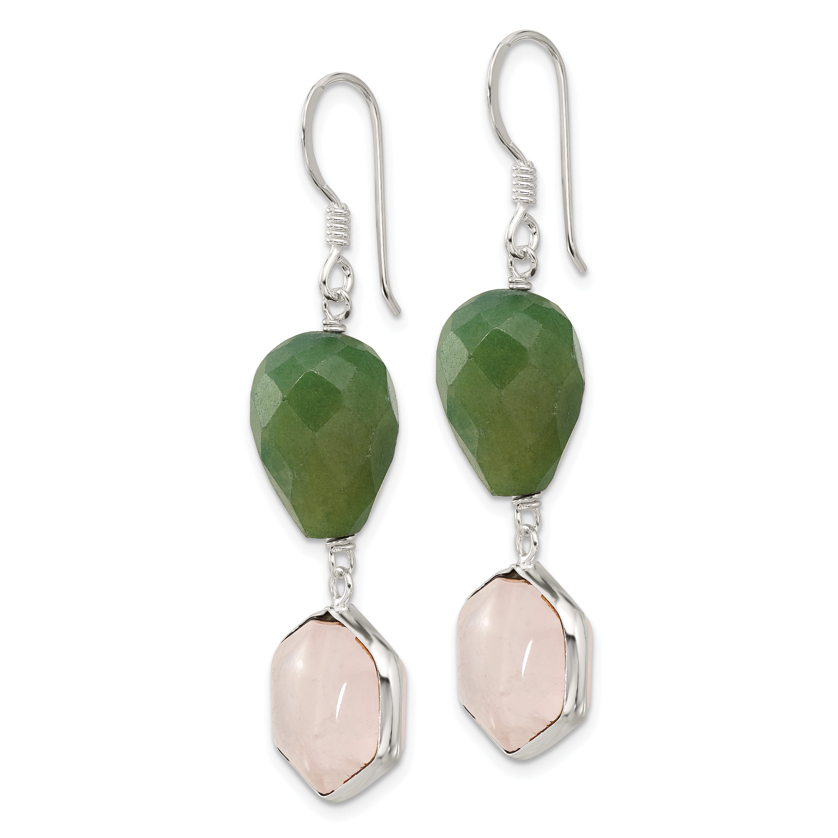 Sterling Silver Polished Aventurine & Hexagon Rose Quartz Dangle Earrings