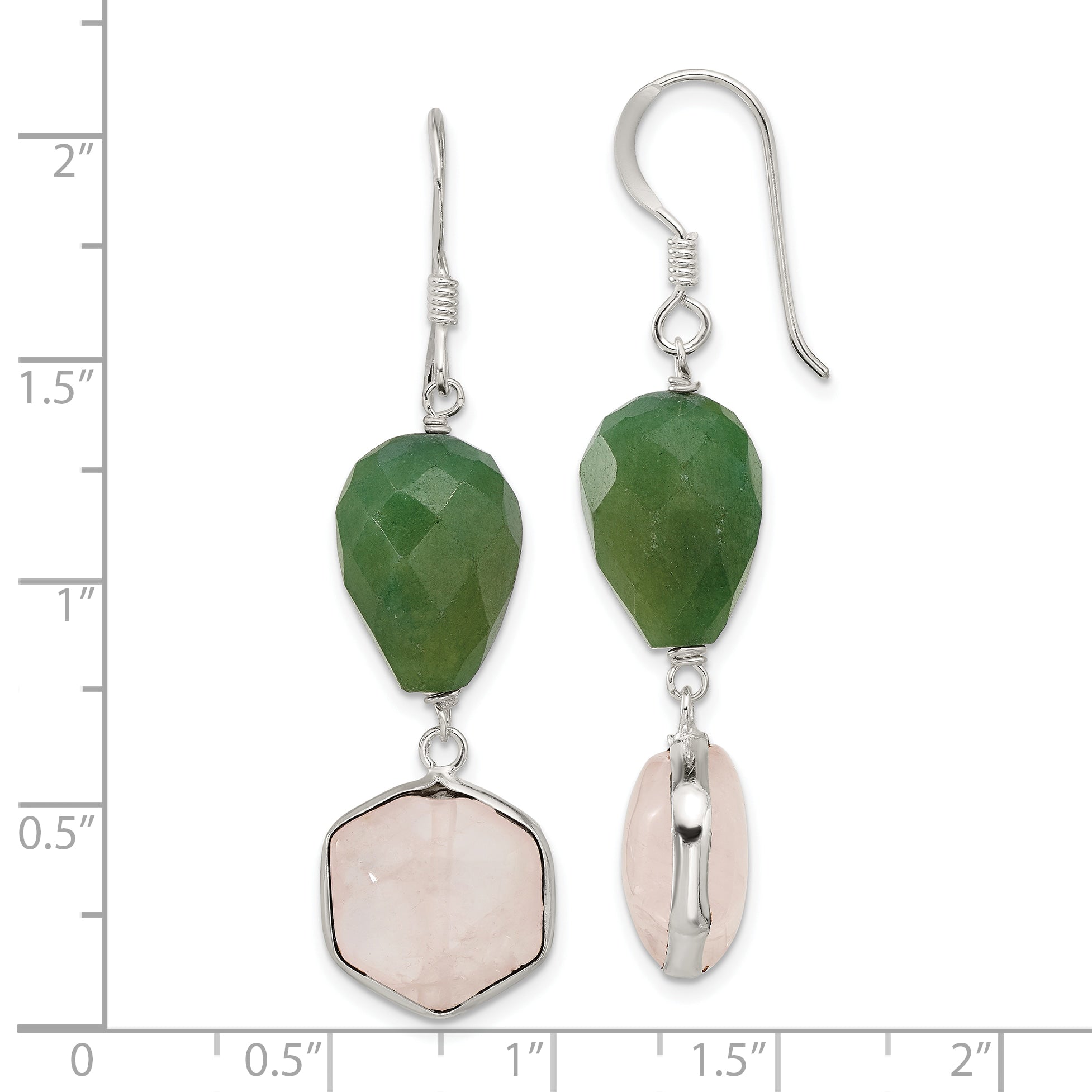 Sterling Silver Polished Aventurine & Hexagon Rose Quartz Dangle Earrings