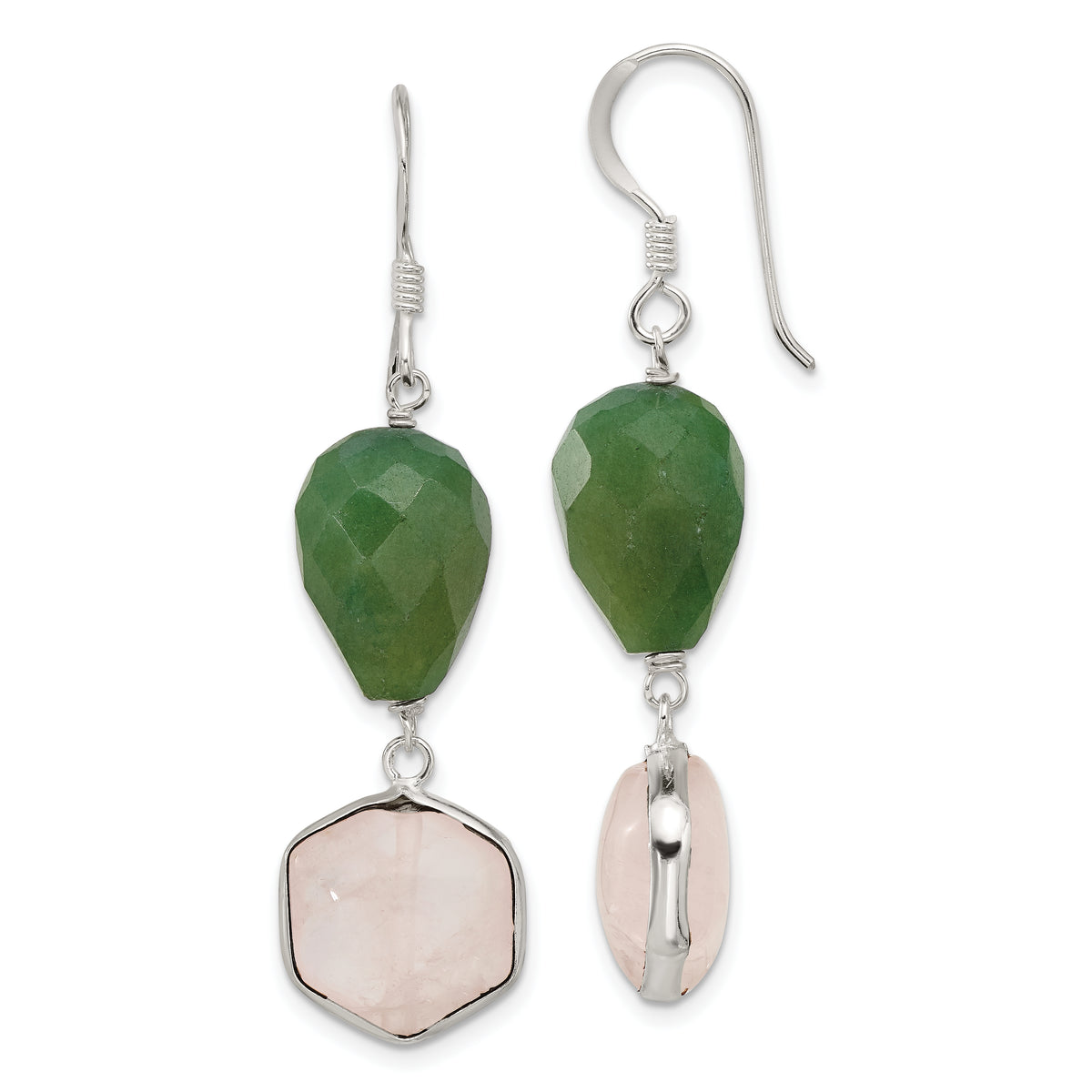 Sterling Silver Polished Aventurine & Hexagon Rose Quartz Dangle Earrings