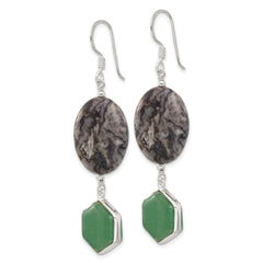 Sterling Silver Hexagon Aventurine & Oval Leopard Jasper Dangle Earrings