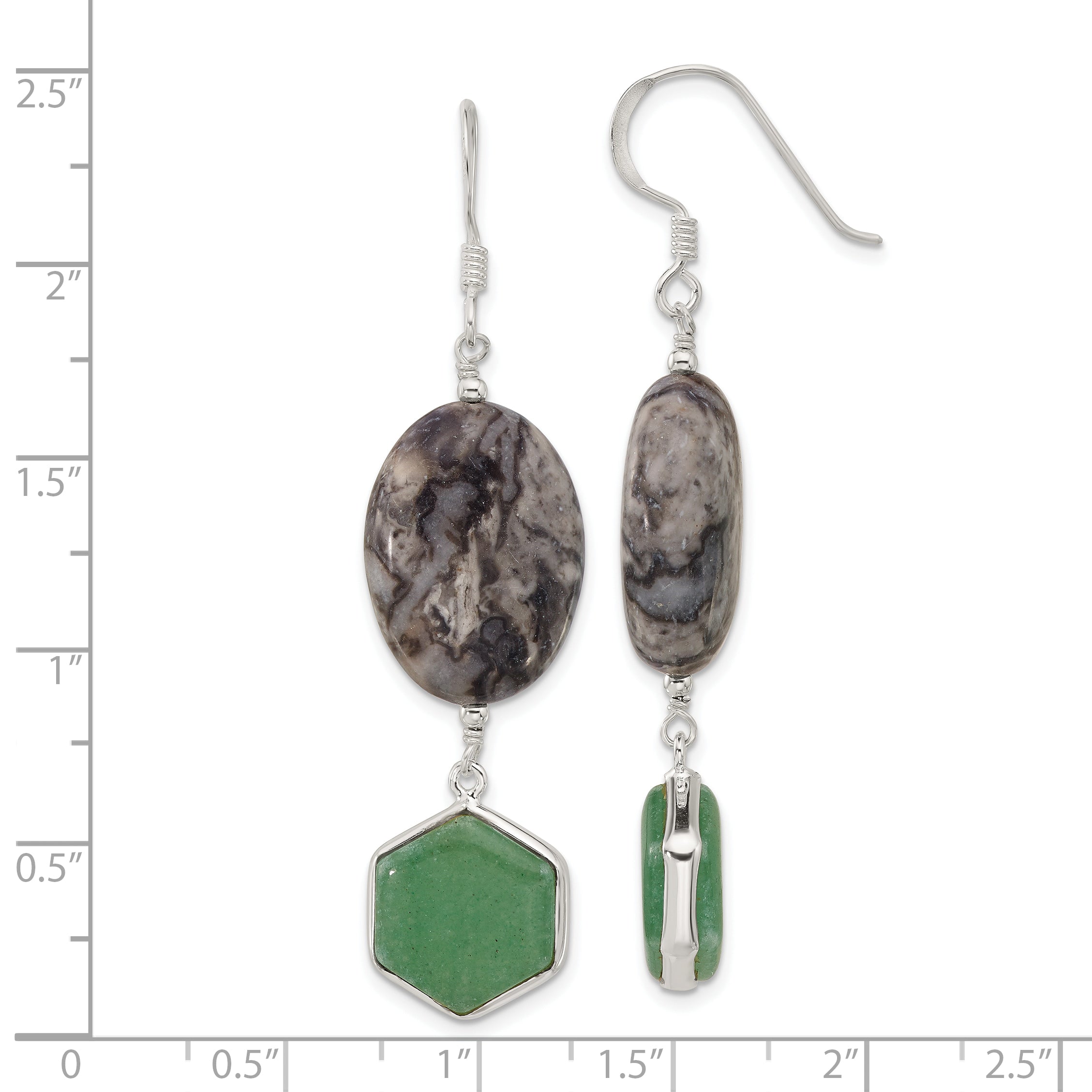 Sterling Silver Hexagon Aventurine & Oval Leopard Jasper Dangle Earrings