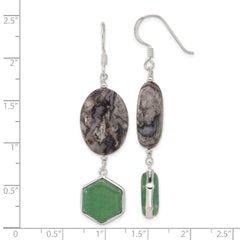 Sterling Silver Hexagon Aventurine & Oval Leopard Jasper Dangle Earrings