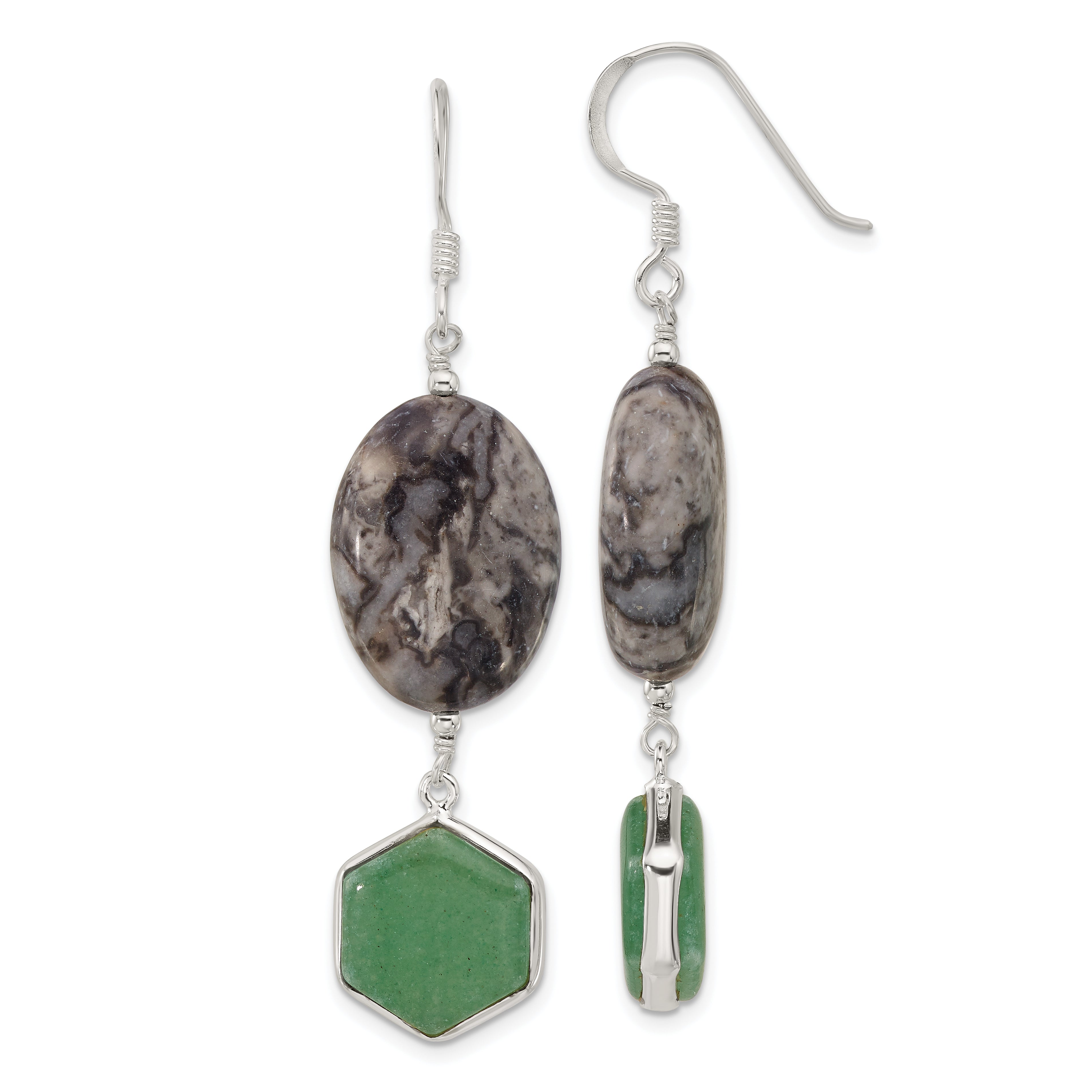 Sterling Silver Hexagon Aventurine & Oval Leopard Jasper Dangle Earrings