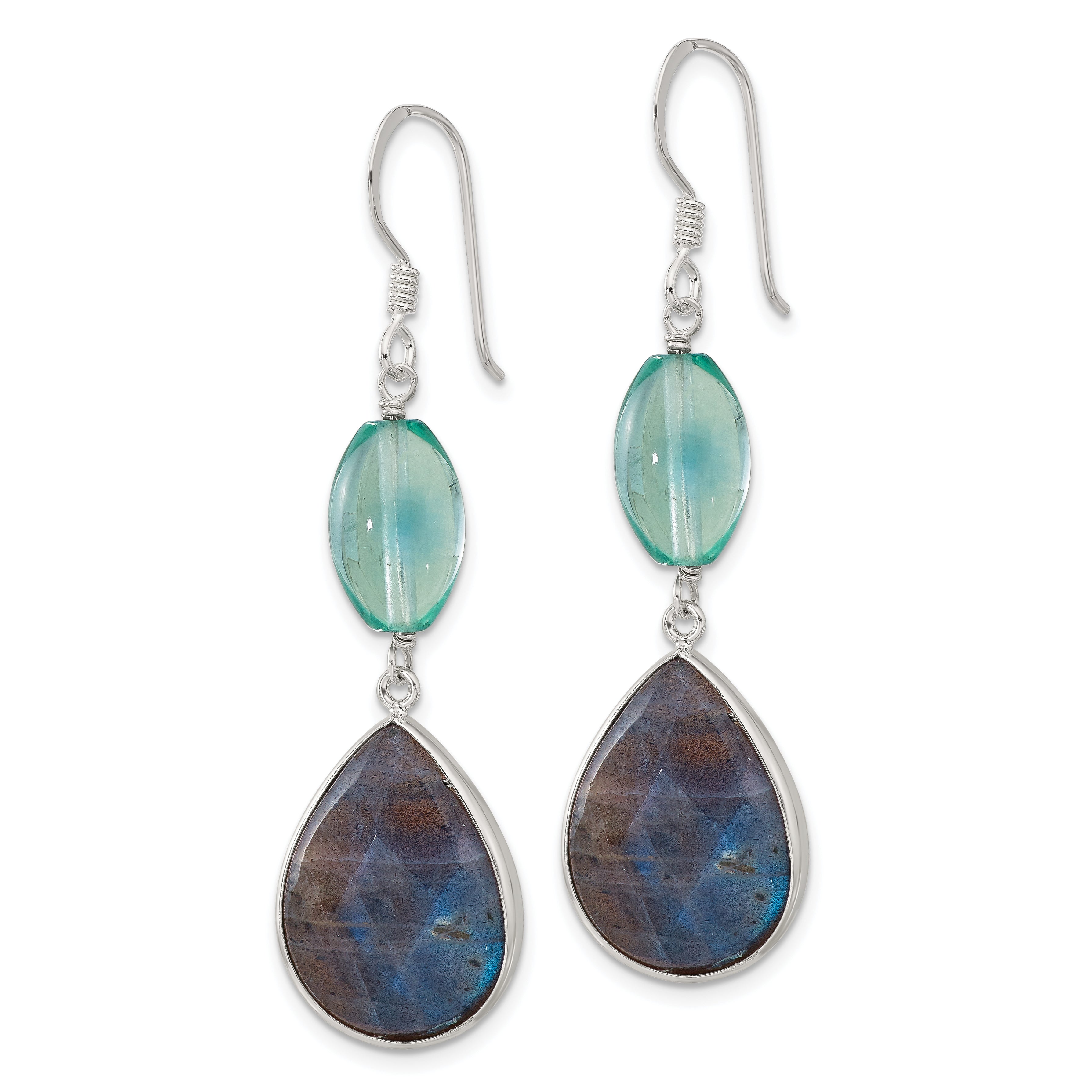 Sterling Silver Polished Fluorite & Labradorite Teardrop Dangle Earrings