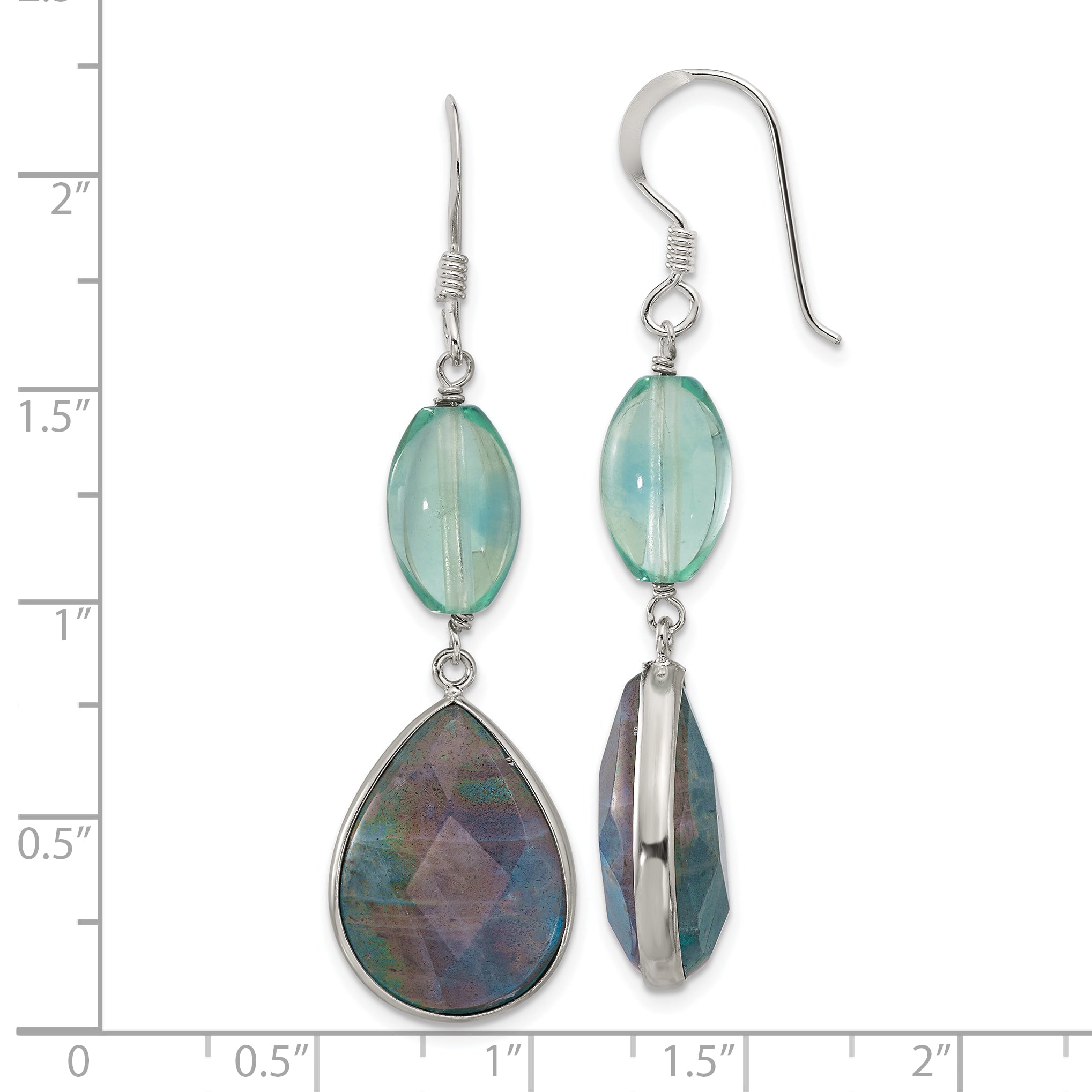 Sterling Silver Polished Fluorite & Labradorite Teardrop Dangle Earrings