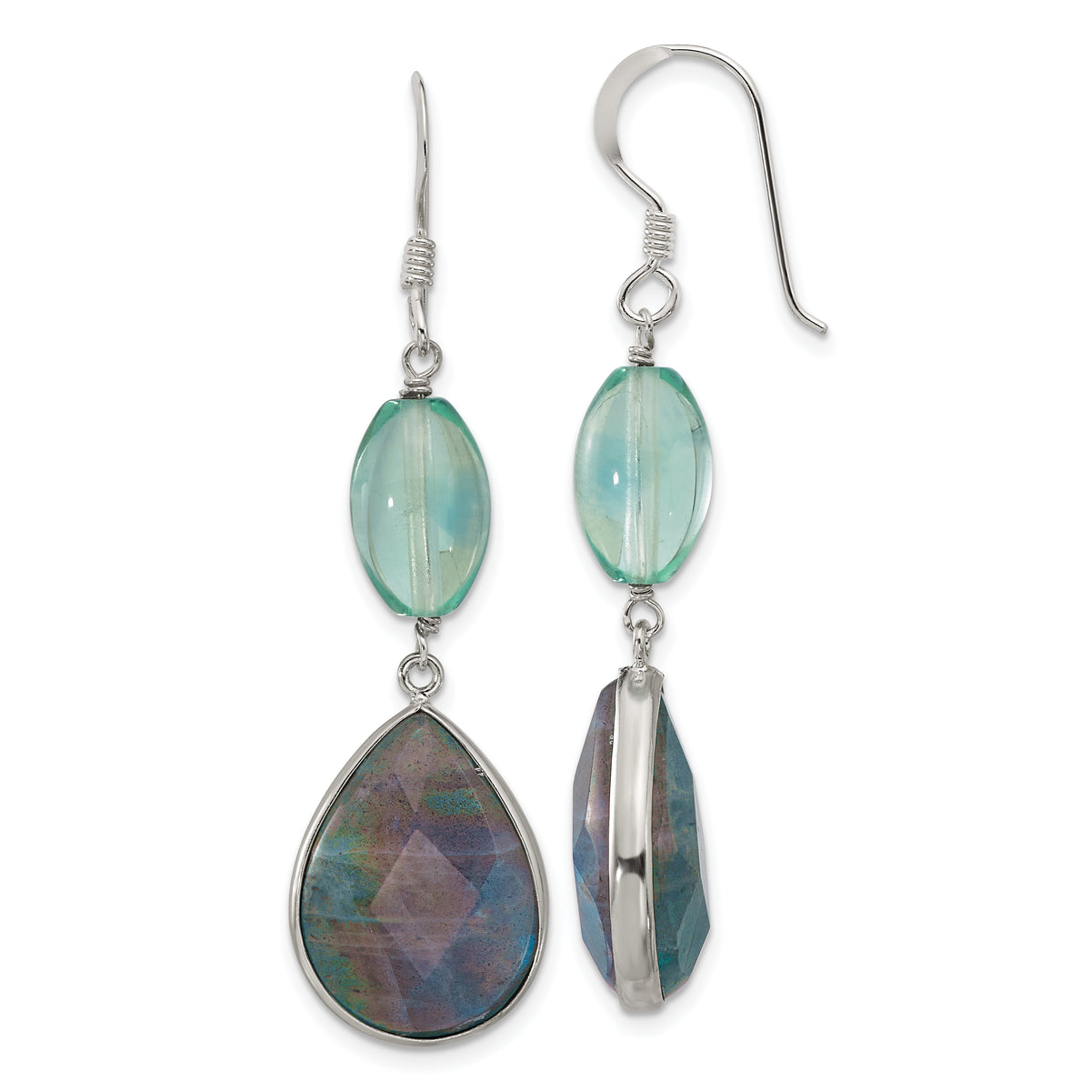 Sterling Silver Polished Fluorite & Labradorite Teardrop Dangle Earrings