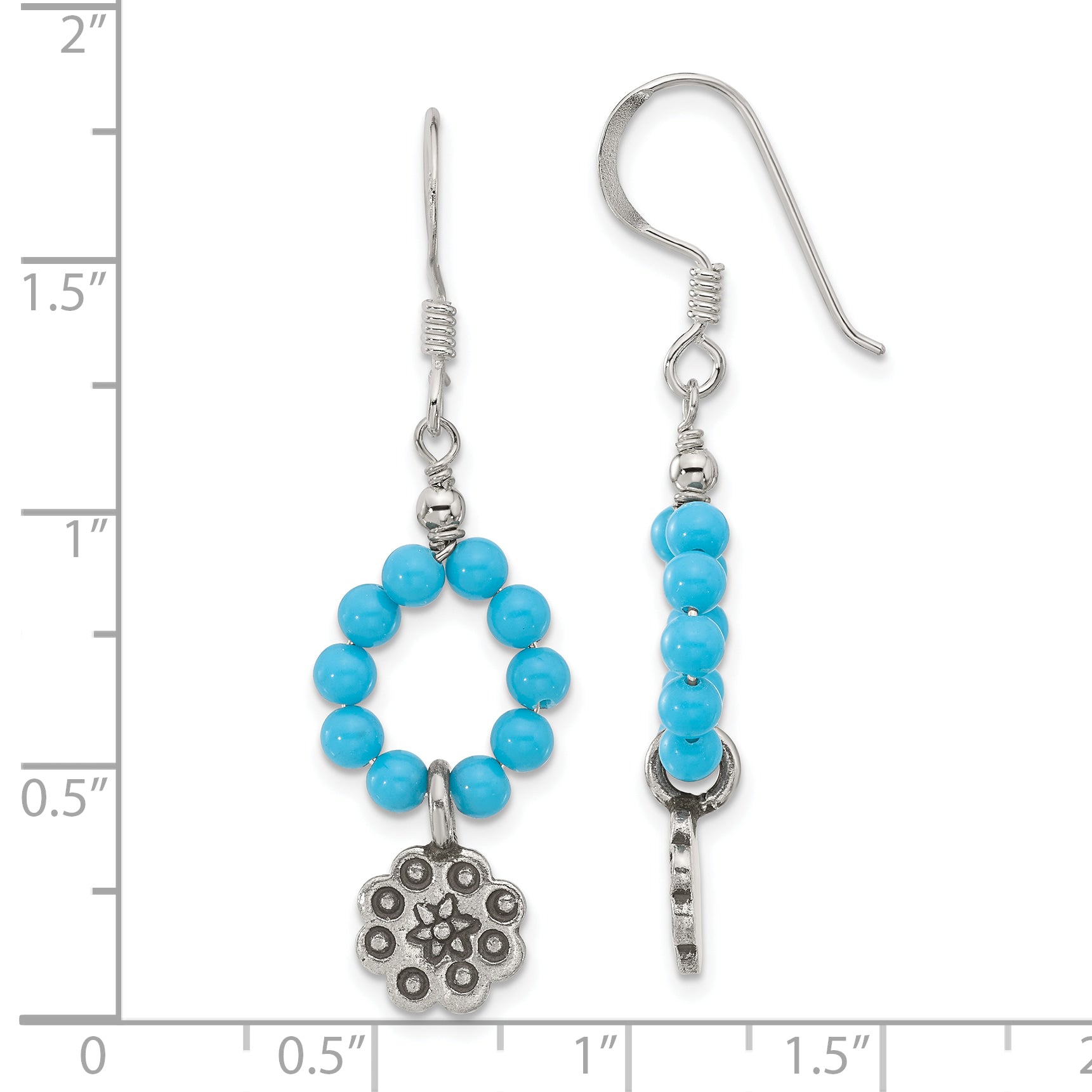 Sterling Silver Polished & Antiqued Dyed Howlite Flower Dangle Earrings